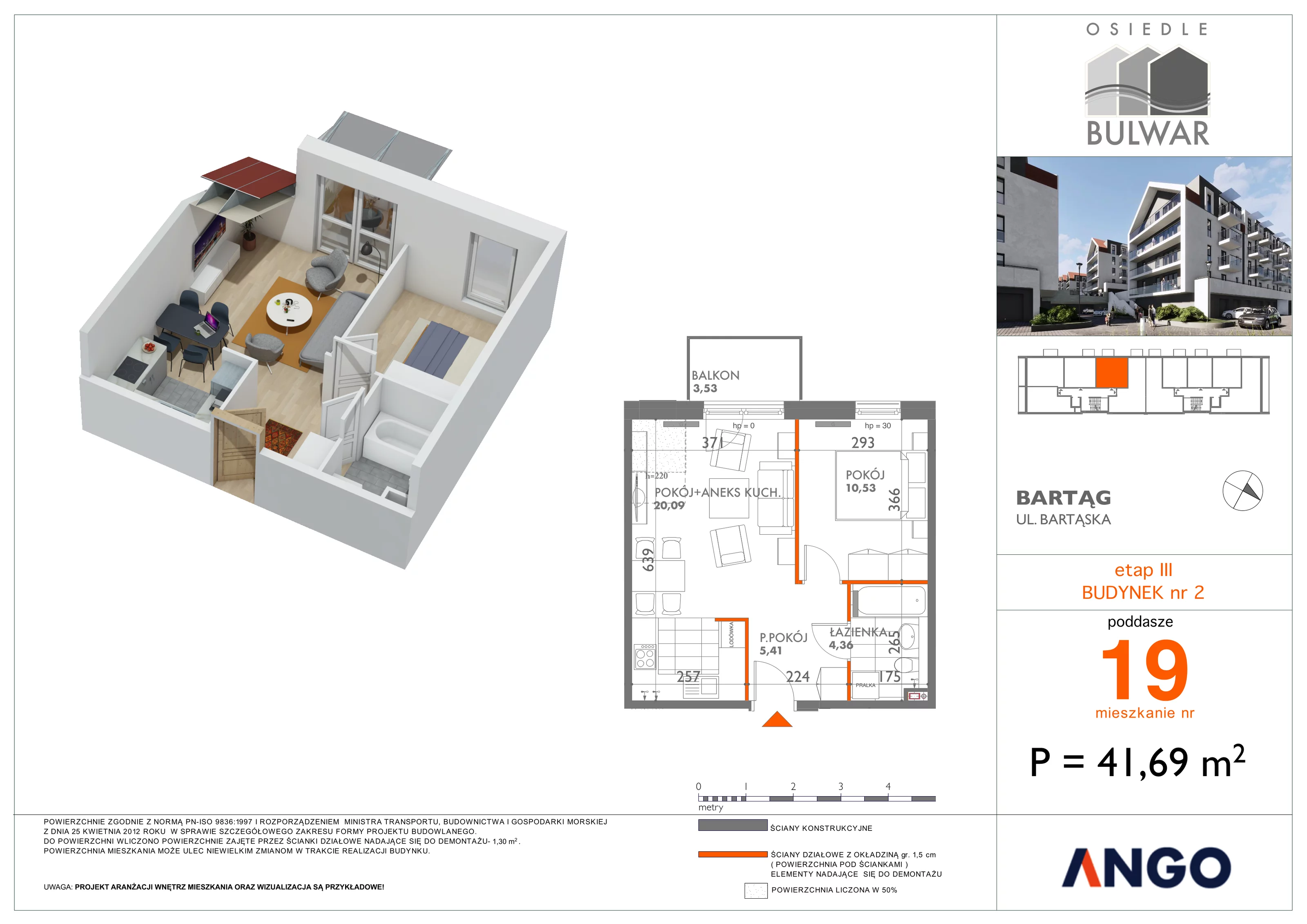2 pokoje, mieszkanie 41,69 m², piętro 3, oferta nr 19, Osiedle Bulwar, Bartąg, ul. Bartąska