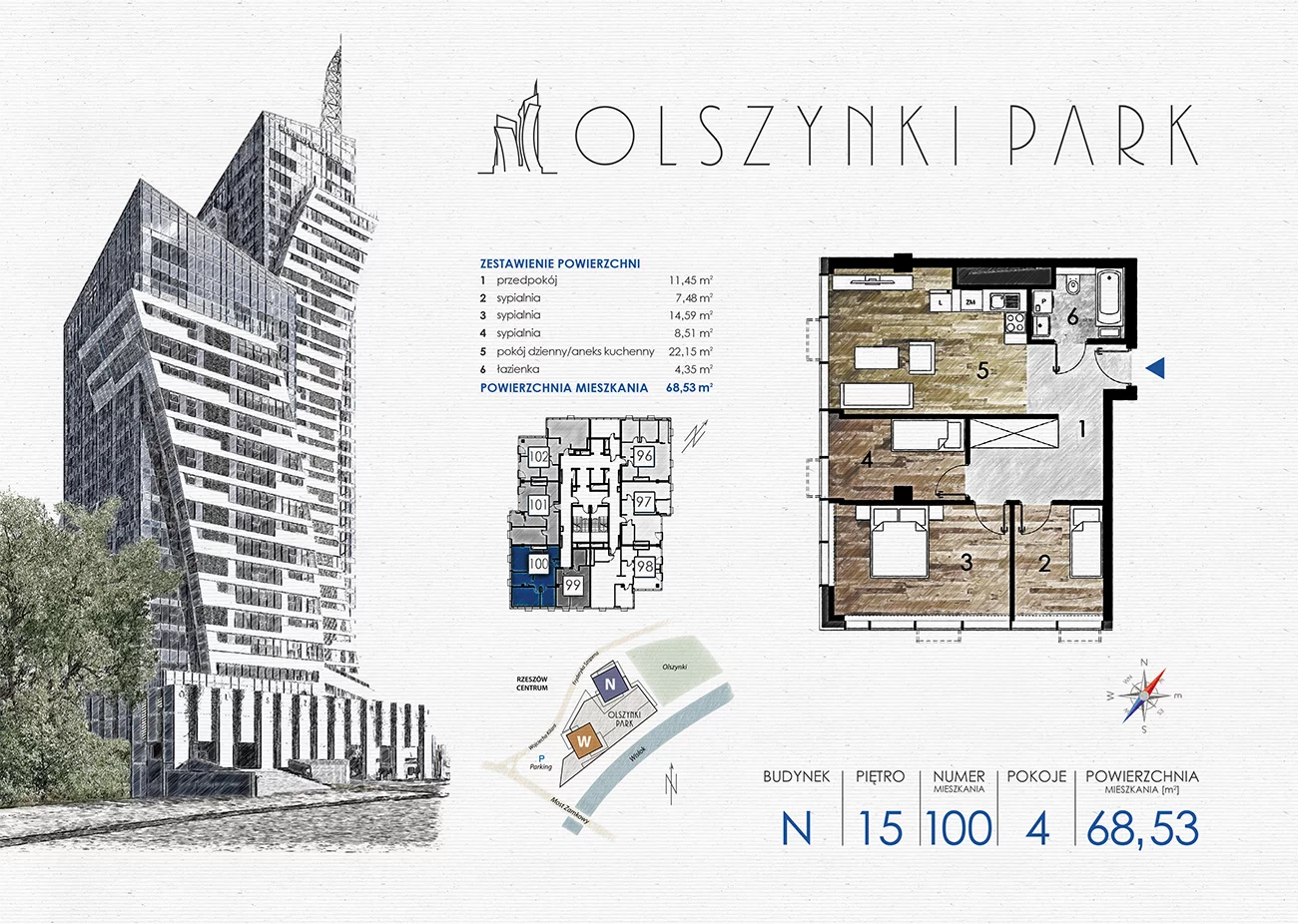 Apartament 68,53 m², piętro 15, oferta nr N100, Olszynki Park, Rzeszów, Śródmieście-Południe, ul. Szopena