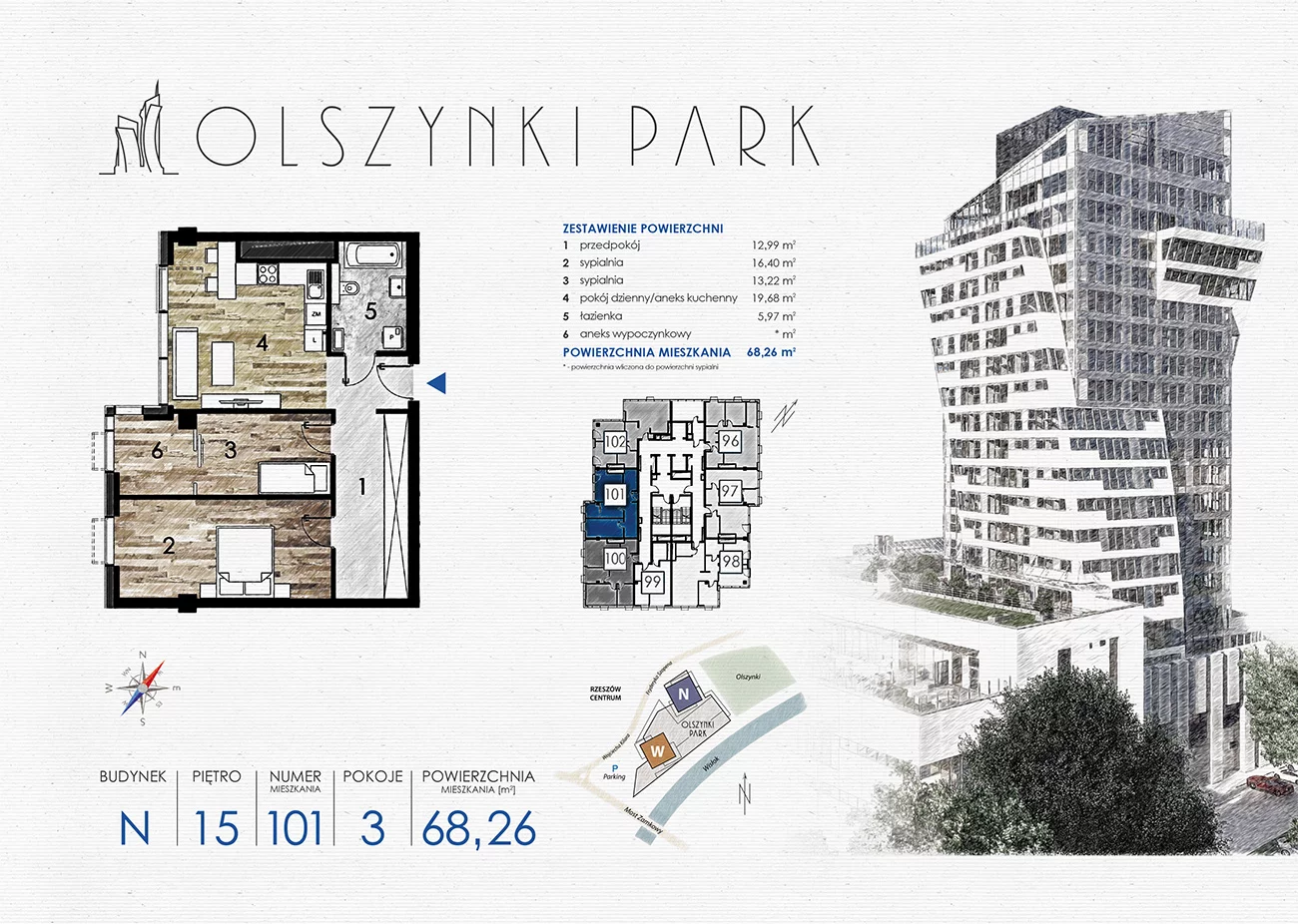 Apartament 68,26 m², piętro 15, oferta nr N101, Olszynki Park, Rzeszów, Śródmieście-Południe, ul. Szopena