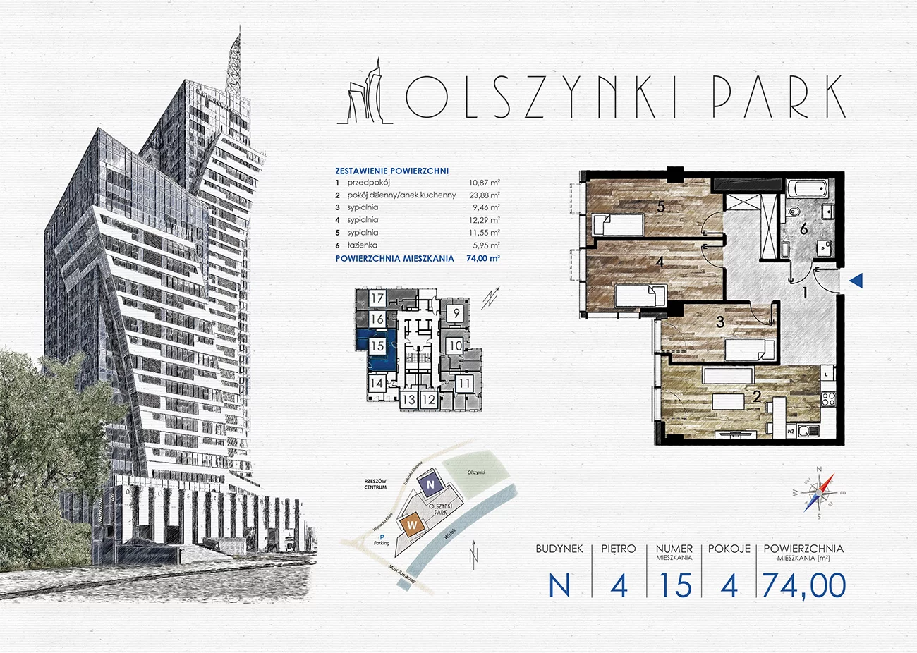 4 pokoje, apartament 74,00 m², piętro 4, oferta nr N15, Olszynki Park, Rzeszów, Śródmieście-Południe, ul. Szopena