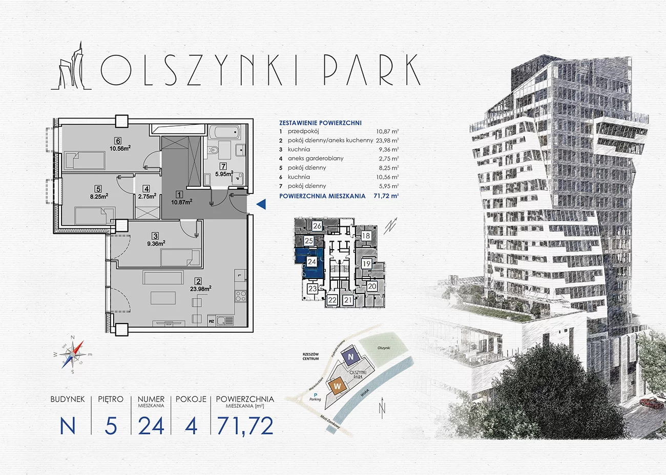 Apartament 71,72 m², piętro 5, oferta nr N24, Olszynki Park, Rzeszów, Śródmieście-Południe, ul. Szopena