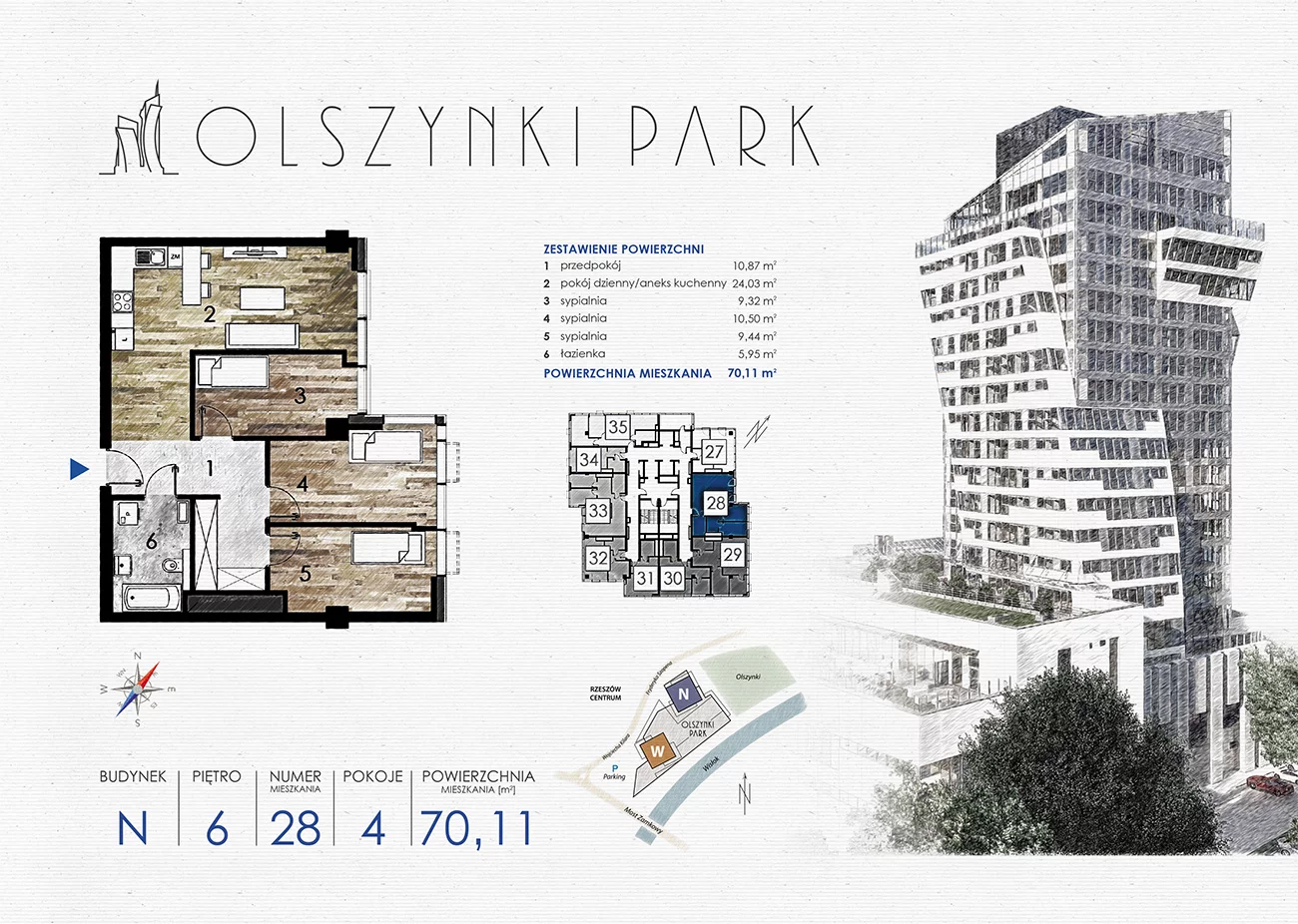 4 pokoje, apartament 70,11 m², piętro 6, oferta nr N28, Olszynki Park, Rzeszów, Śródmieście-Południe, ul. Szopena