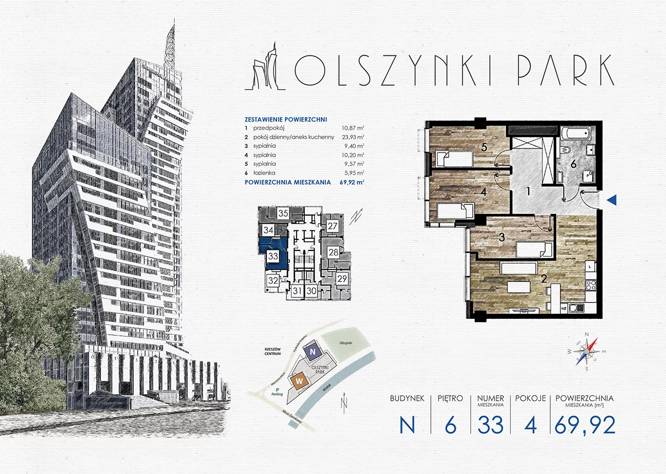 Apartament 69,92 m², piętro 6, oferta nr N33, Olszynki Park, Rzeszów, Śródmieście-Południe, ul. Szopena