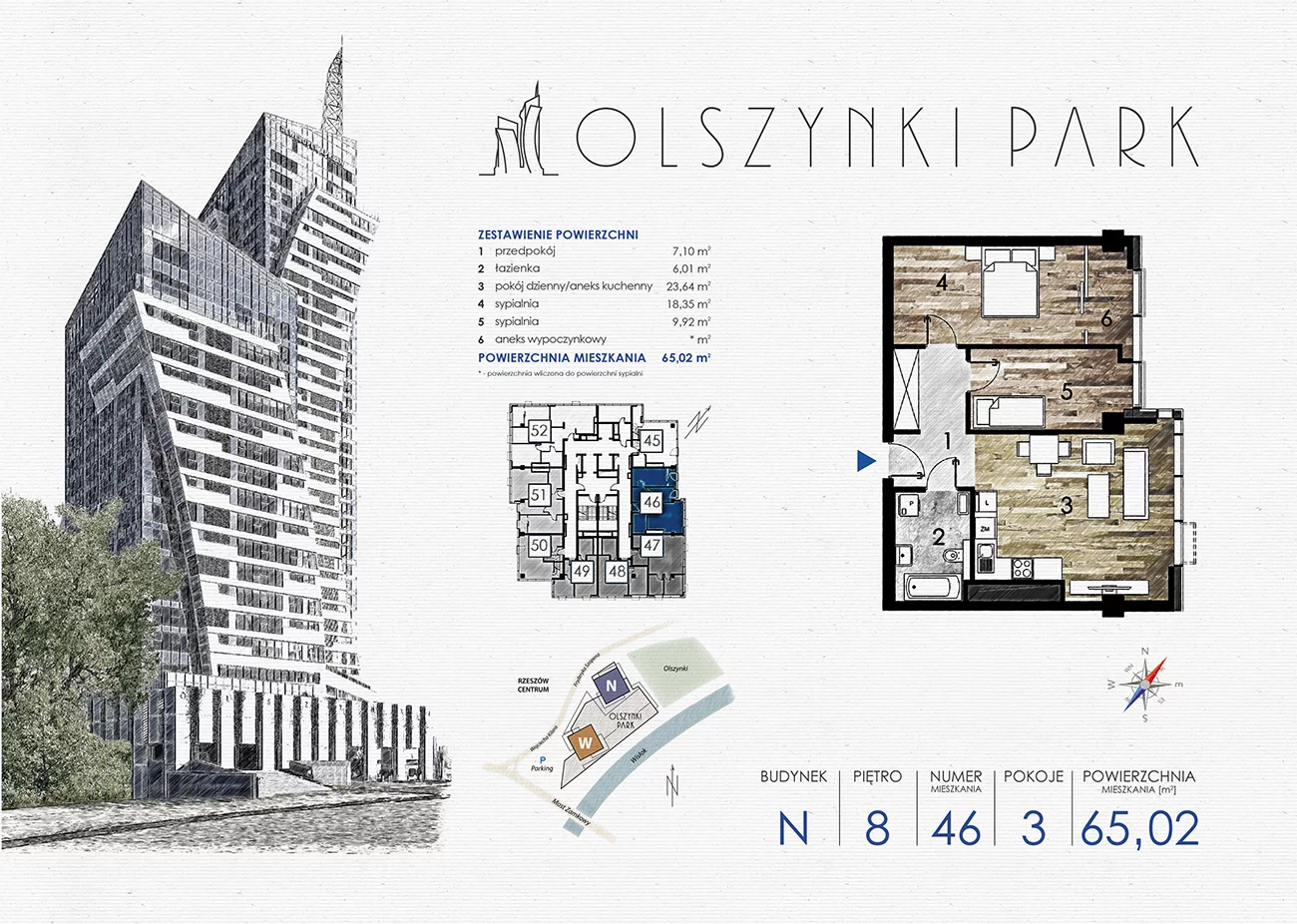 Mieszkanie 65,02 m², piętro 8, oferta nr N46, Olszynki Park, Rzeszów, Śródmieście-Południe, ul. Szopena