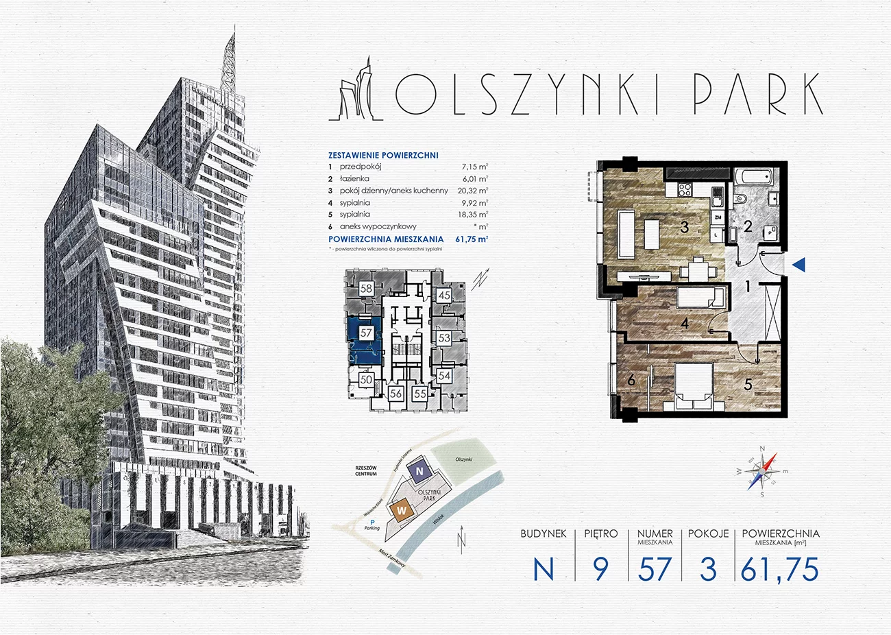 Mieszkanie 61,75 m², piętro 9, oferta nr N57, Olszynki Park, Rzeszów, Śródmieście-Południe, ul. Szopena