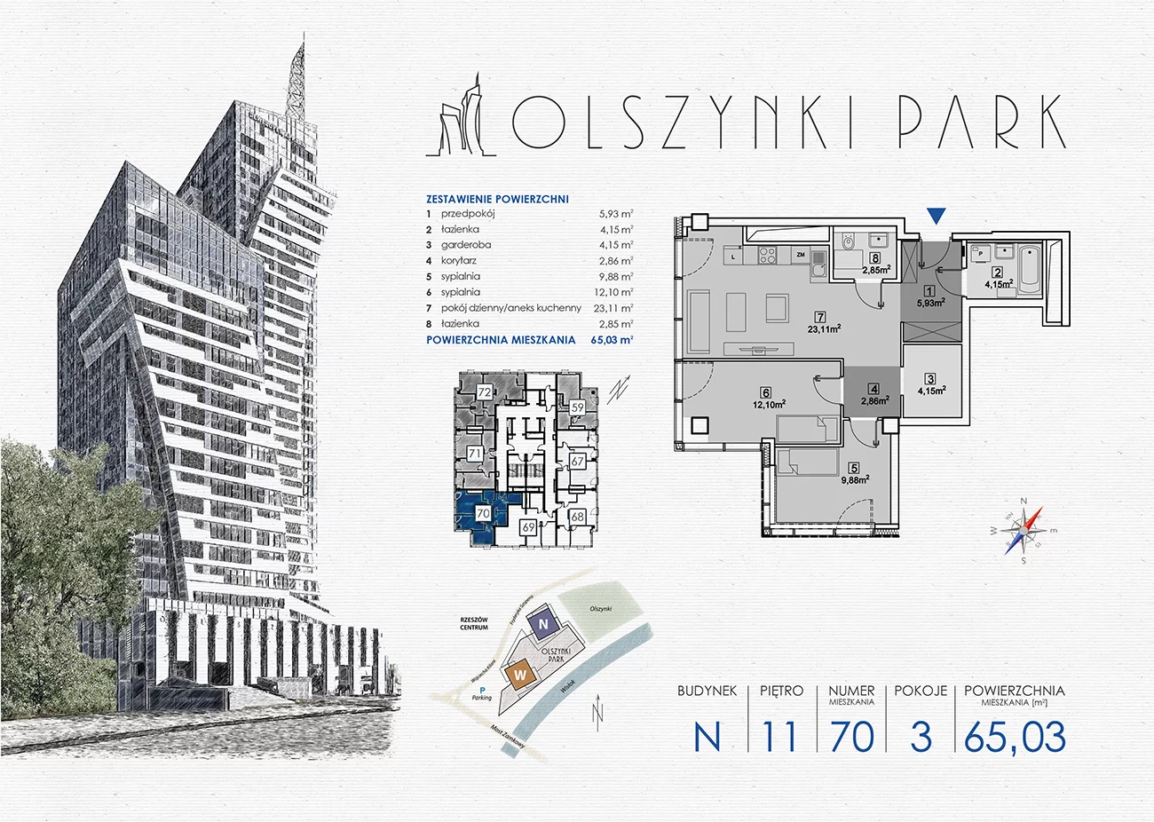 Mieszkanie 65,03 m², piętro 11, oferta nr N70, Olszynki Park, Rzeszów, Śródmieście-Południe, ul. Szopena