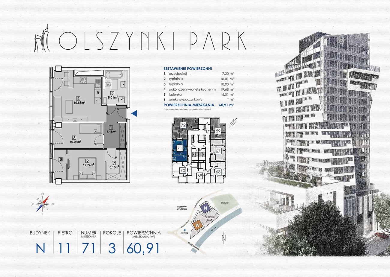 Mieszkanie 60,91 m², piętro 11, oferta nr N71, Olszynki Park, Rzeszów, Śródmieście-Południe, ul. Szopena