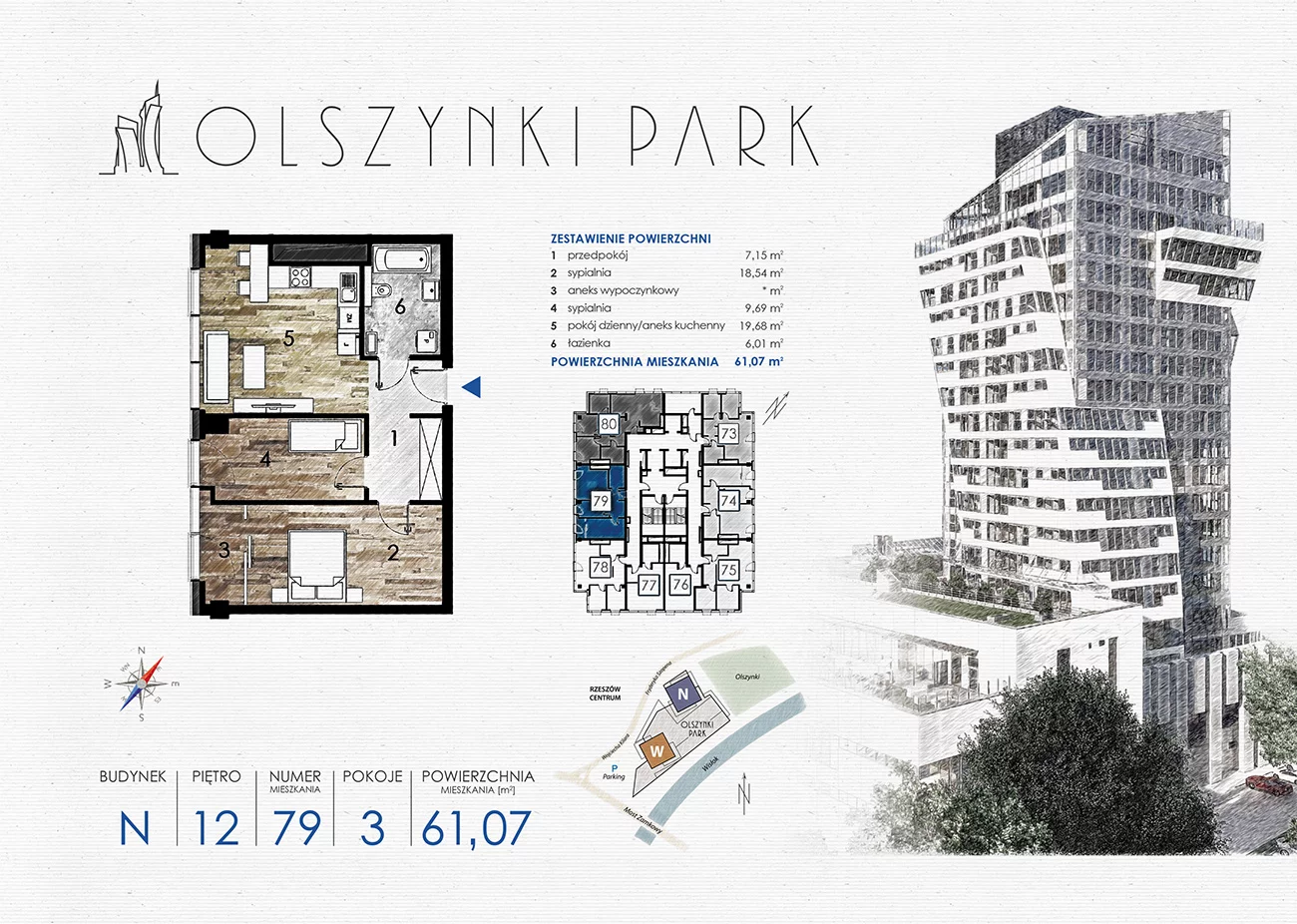 Mieszkanie 61,07 m², piętro 12, oferta nr N79, Olszynki Park, Rzeszów, Śródmieście-Południe, ul. Szopena