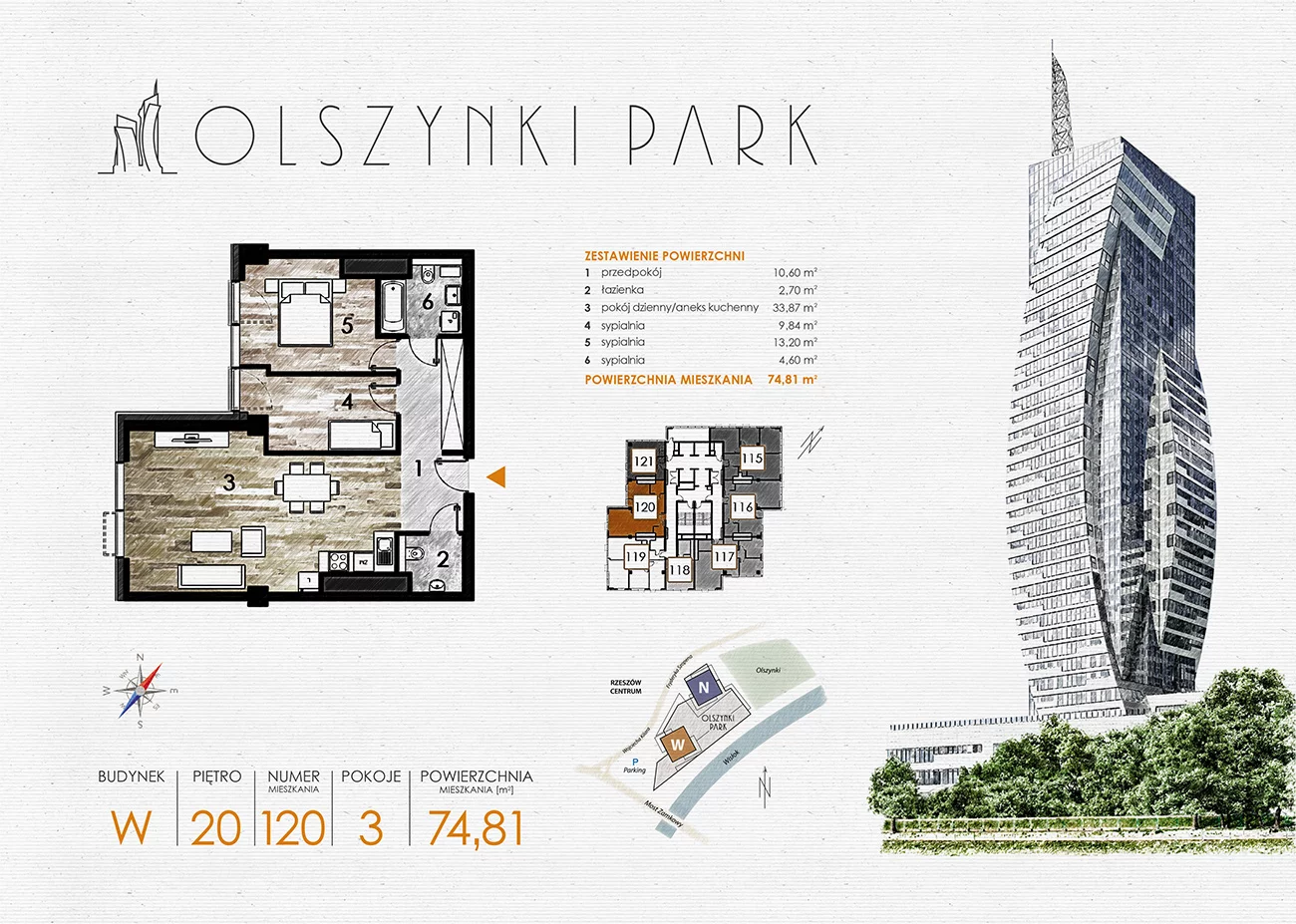 Apartament 74,81 m², piętro 20, oferta nr W120, Olszynki Park, Rzeszów, Śródmieście-Południe, ul. Szopena