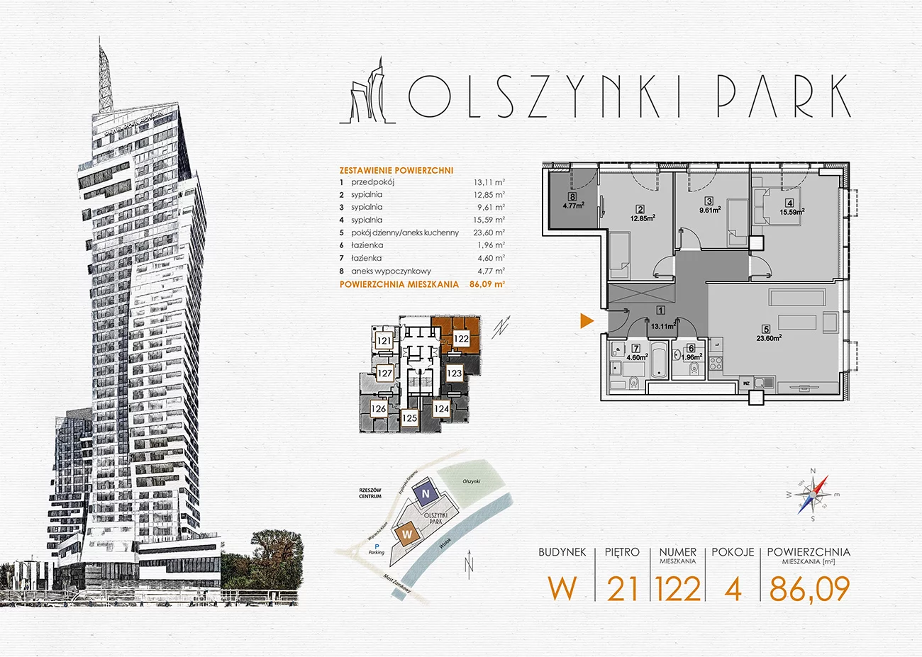 Apartament 86,09 m², piętro 21, oferta nr W122, Olszynki Park, Rzeszów, Śródmieście-Południe, ul. Szopena