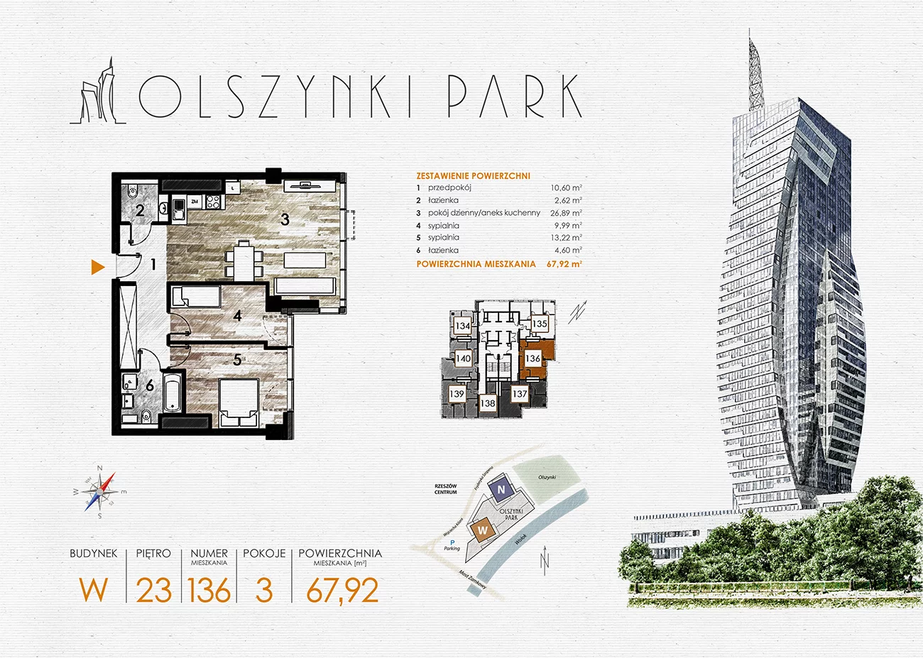 Mieszkanie 67,92 m², piętro 23, oferta nr W136, Olszynki Park, Rzeszów, Śródmieście-Południe, ul. Szopena