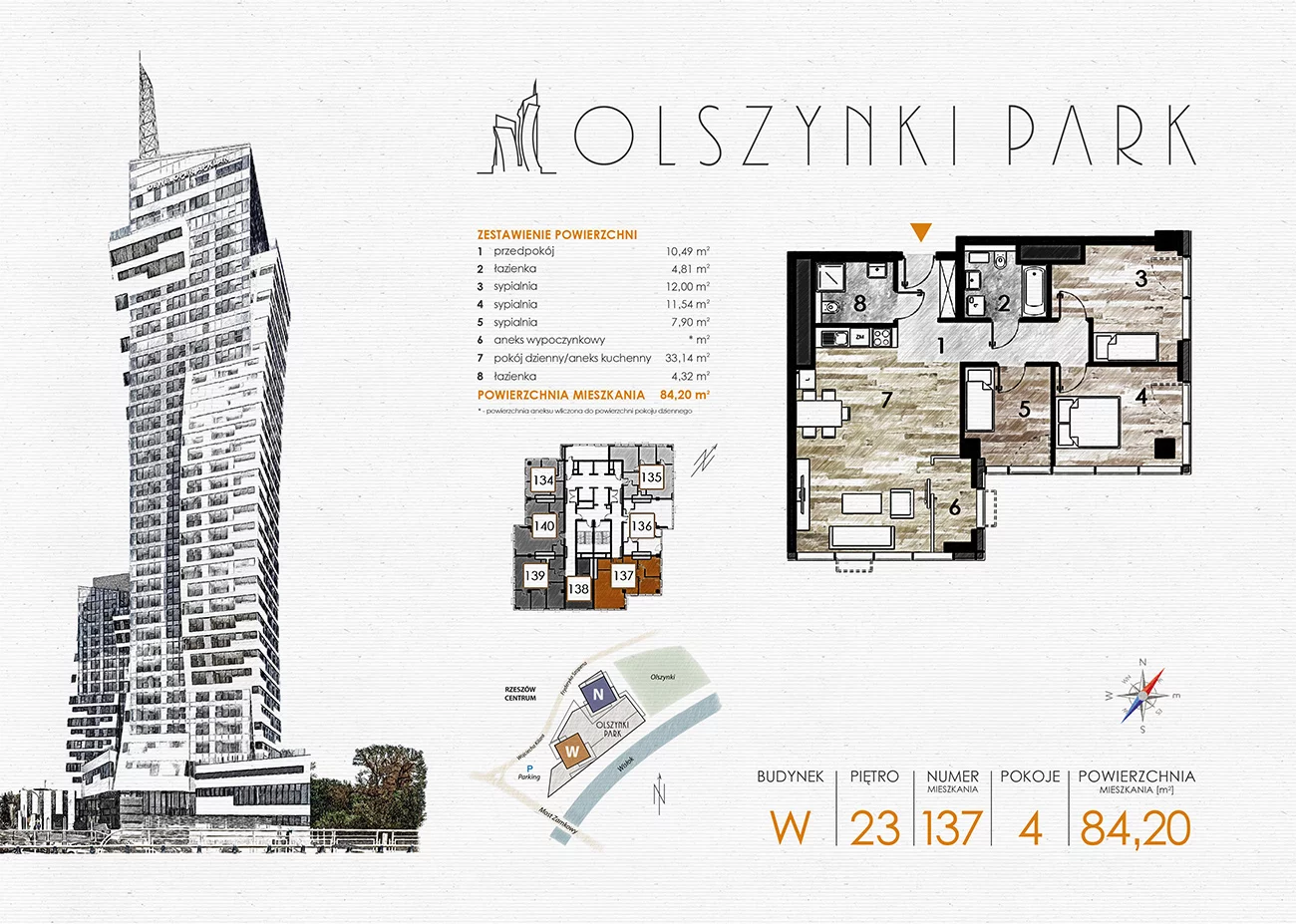 Apartament 84,20 m², piętro 23, oferta nr W137, Olszynki Park, Rzeszów, Śródmieście-Południe, ul. Szopena