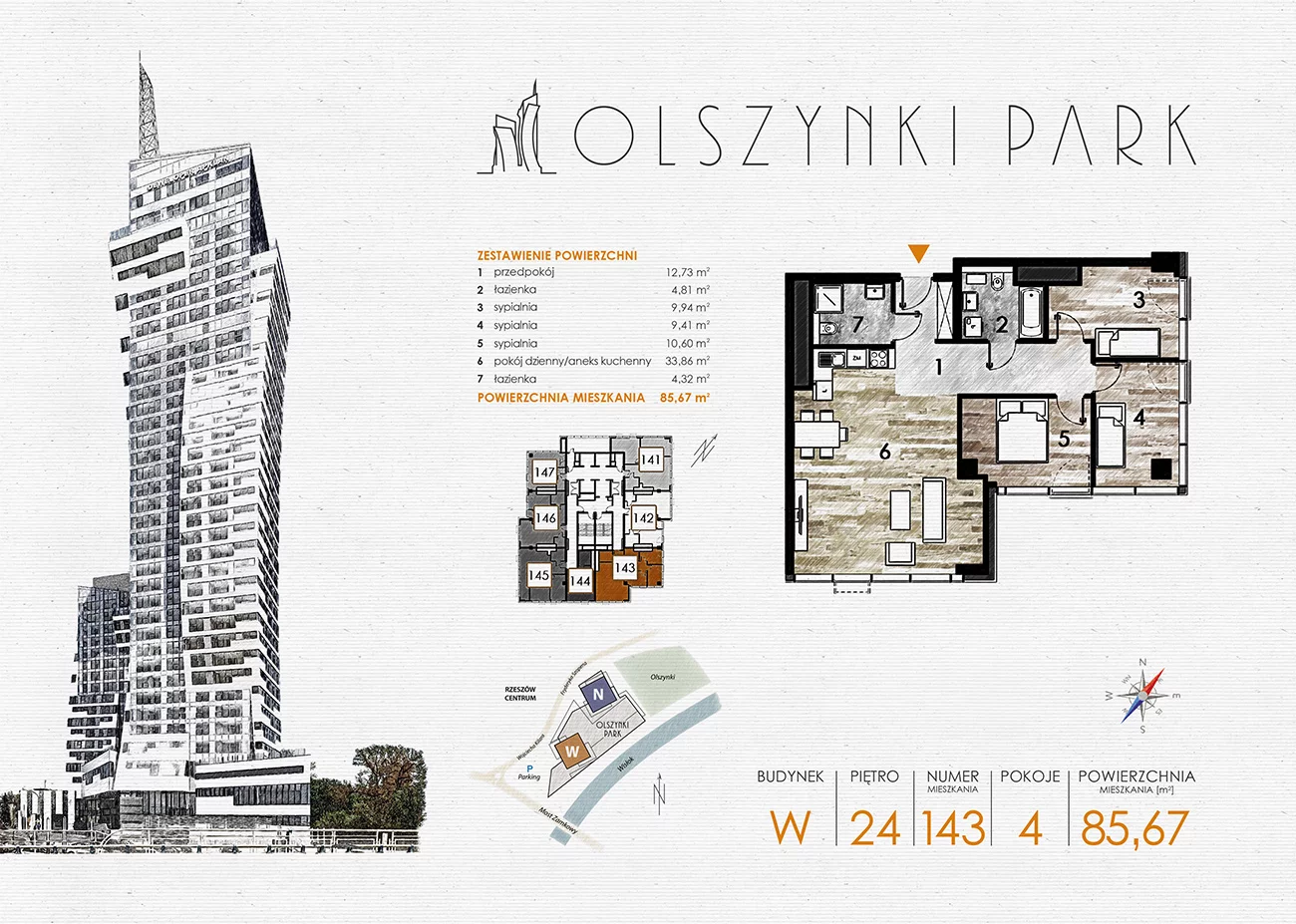 Apartament 85,67 m², piętro 24, oferta nr W143, Olszynki Park, Rzeszów, Śródmieście-Południe, ul. Szopena