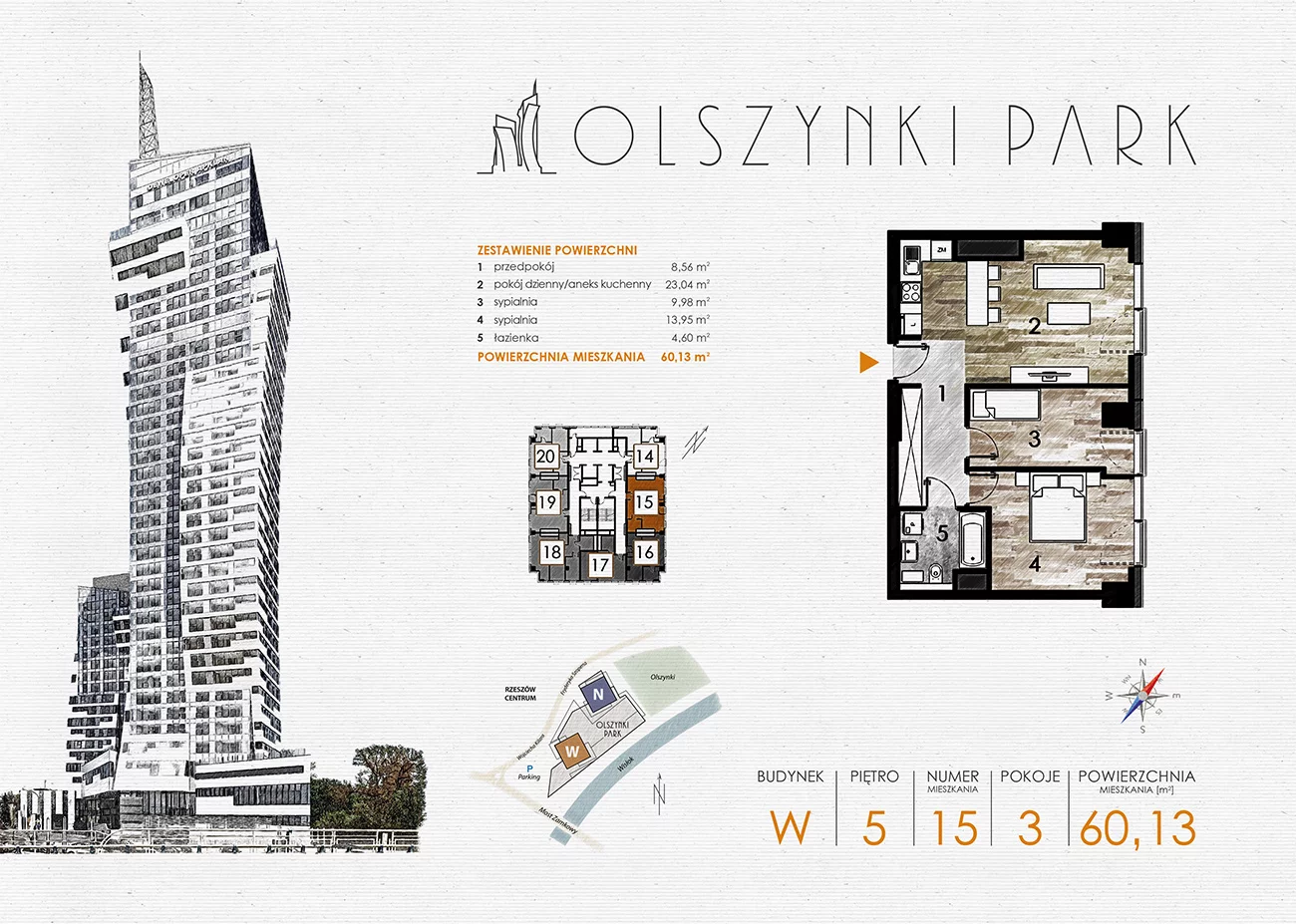 Mieszkanie 60,13 m², piętro 5, oferta nr W15, Olszynki Park, Rzeszów, Śródmieście-Południe, ul. Szopena