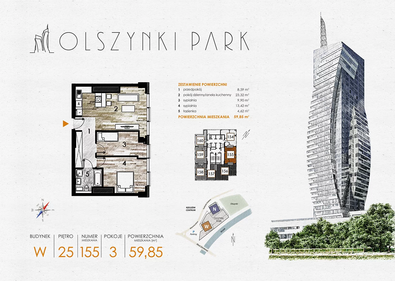 Mieszkanie 59,85 m², piętro 26, oferta nr W155, Olszynki Park, Rzeszów, Śródmieście-Południe, ul. Szopena