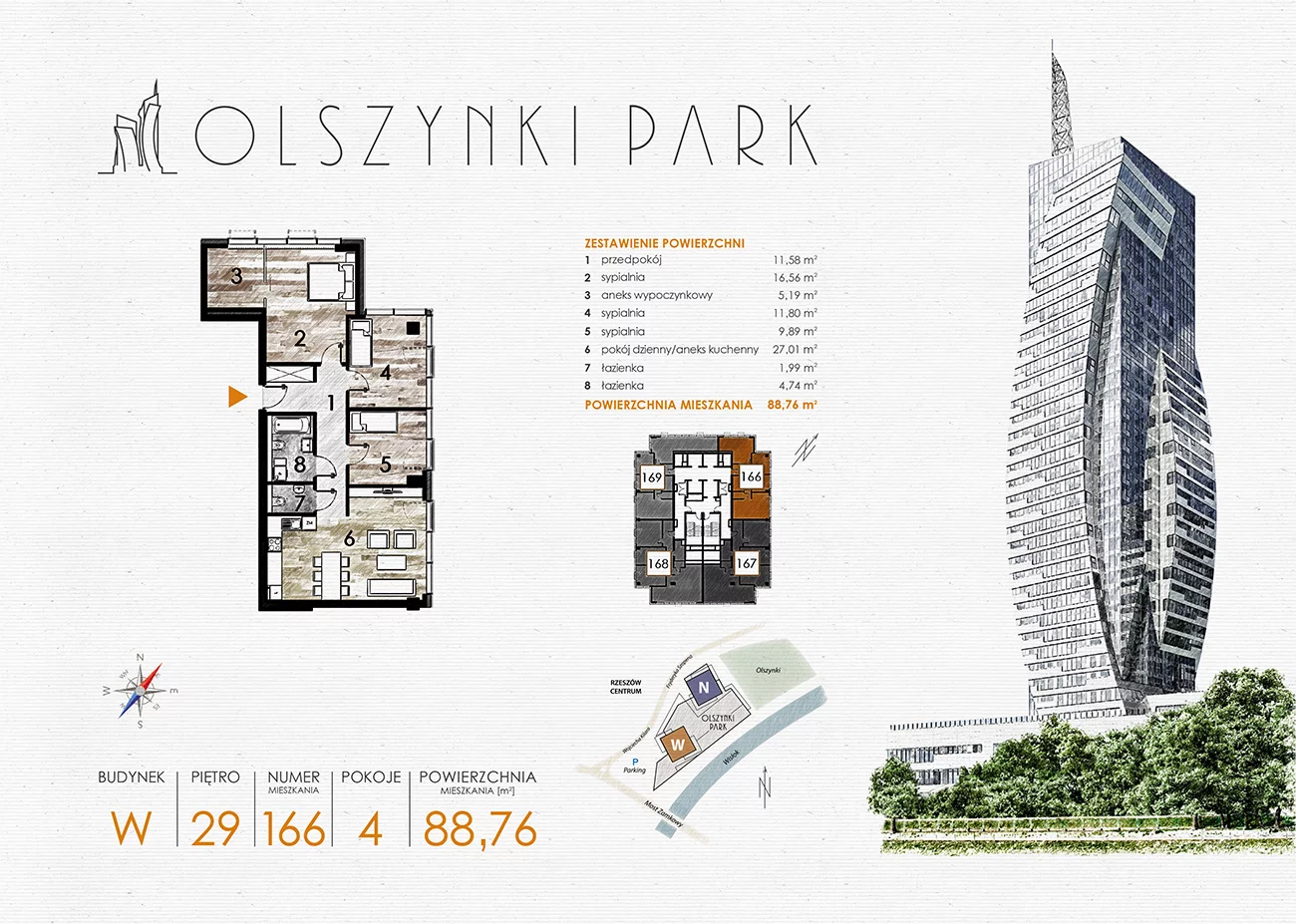 Apartament 88,76 m², piętro 29, oferta nr W166, Olszynki Park, Rzeszów, Śródmieście-Południe, ul. Szopena