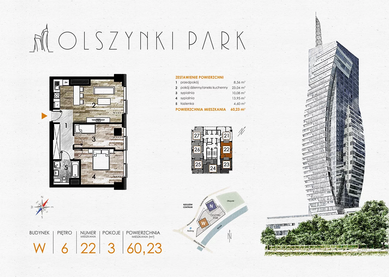 Mieszkanie 60,23 m², piętro 6, oferta nr W22, Olszynki Park, Rzeszów, Śródmieście-Południe, ul. Szopena