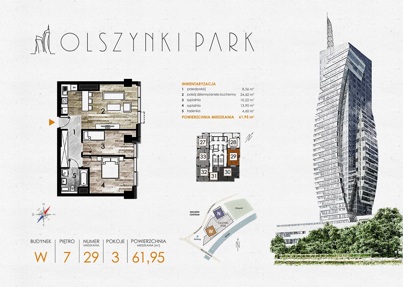 Mieszkanie 61,95 m², piętro 7, oferta nr W29, Olszynki Park, Rzeszów, Śródmieście-Południe, ul. Szopena