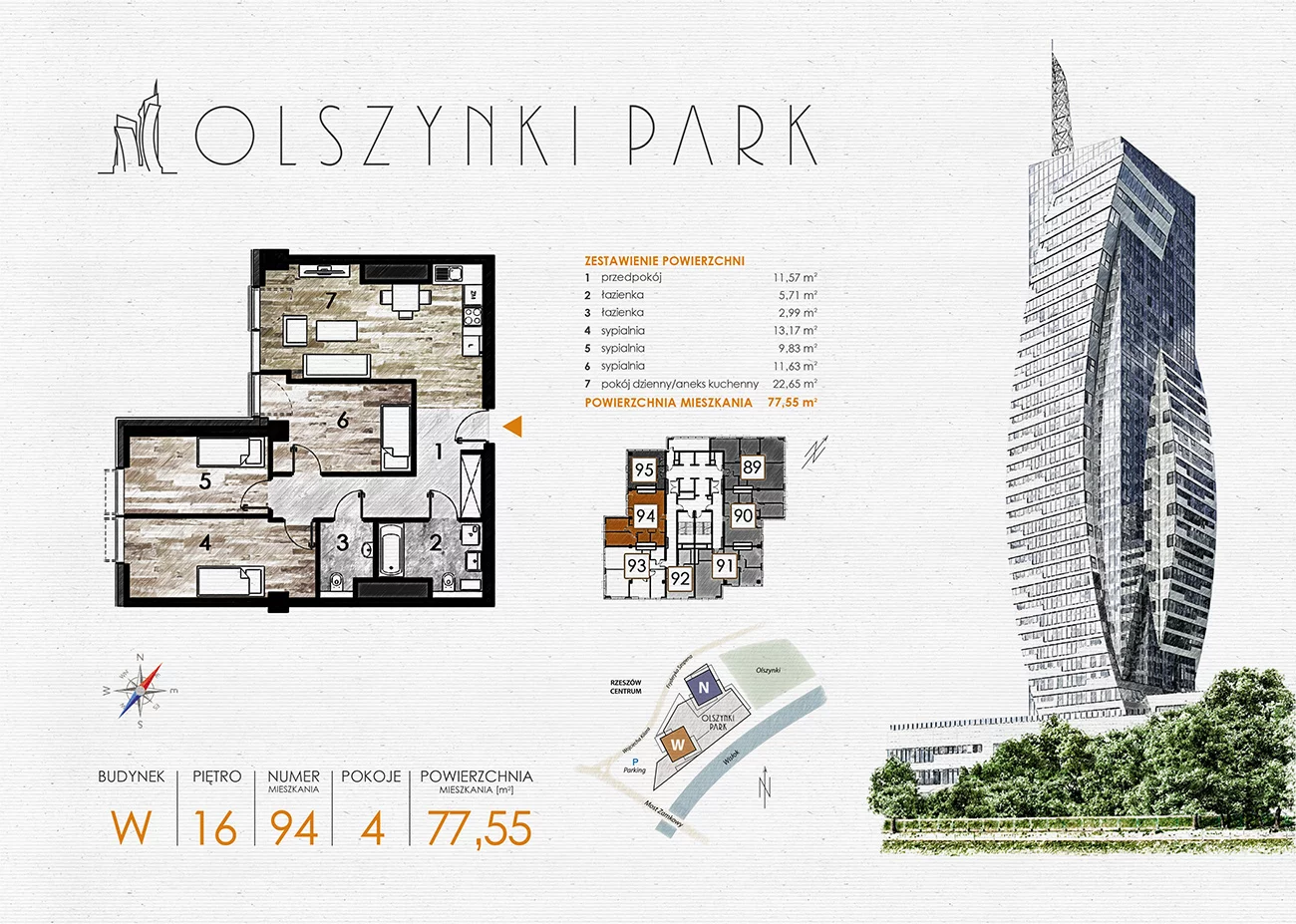 Apartament 77,55 m², piętro 16, oferta nr W94, Olszynki Park, Rzeszów, Śródmieście-Południe, ul. Szopena