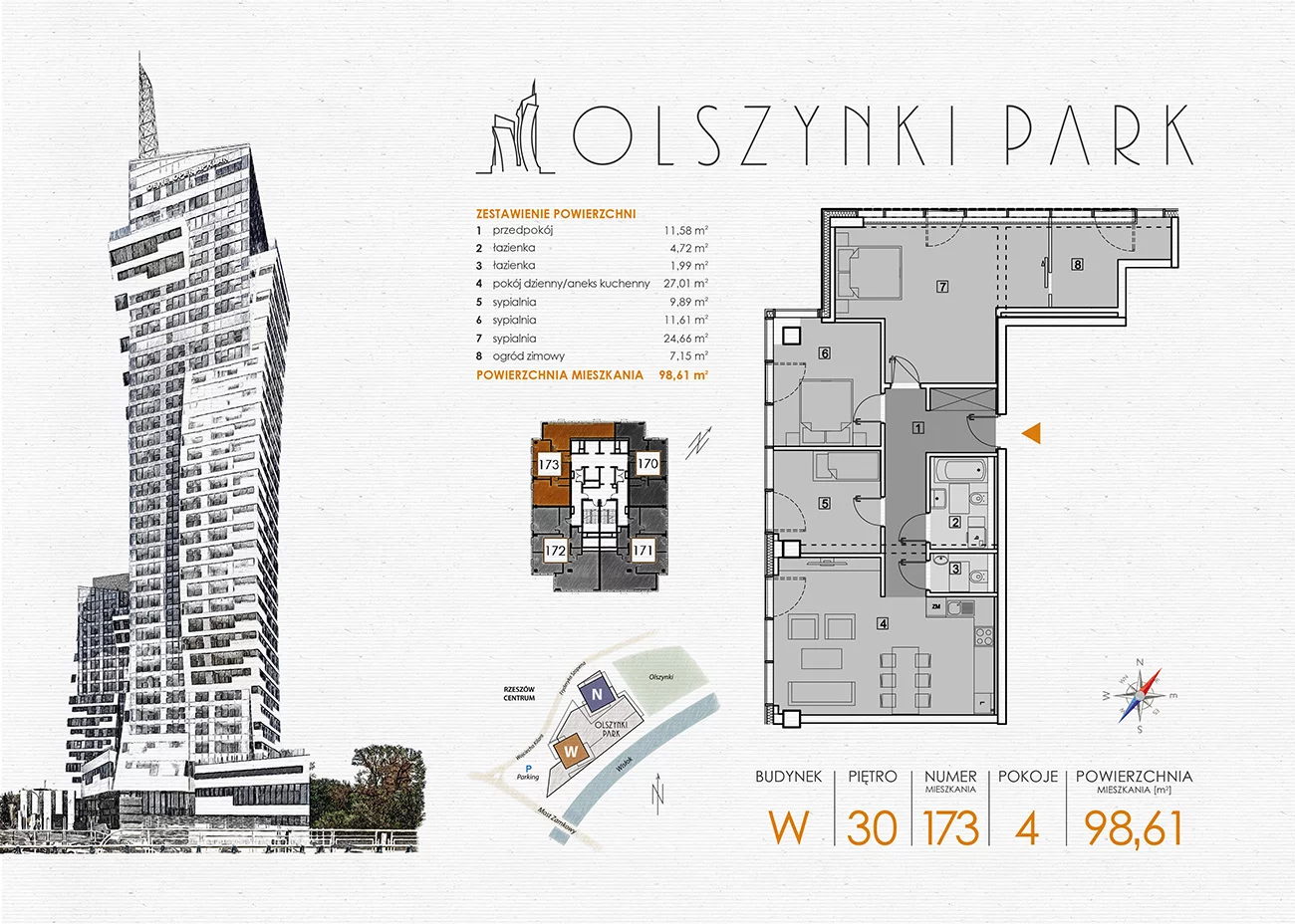 Apartament 97,39 m², piętro 30, oferta nr W173, Olszynki Park, Rzeszów, Śródmieście-Południe, ul. Szopena