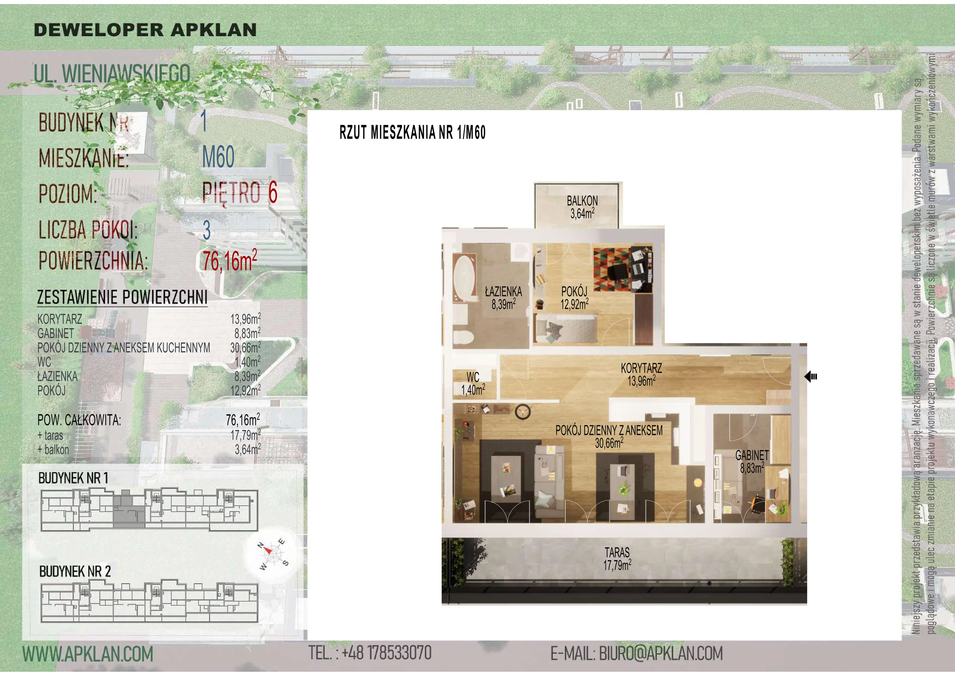 3 pokoje, mieszkanie 76,16 m², piętro 6, oferta nr 1/M60, Osiedle Wieniawskiego - etap V, Rzeszów, Słocina, ul. Wieniawskiego