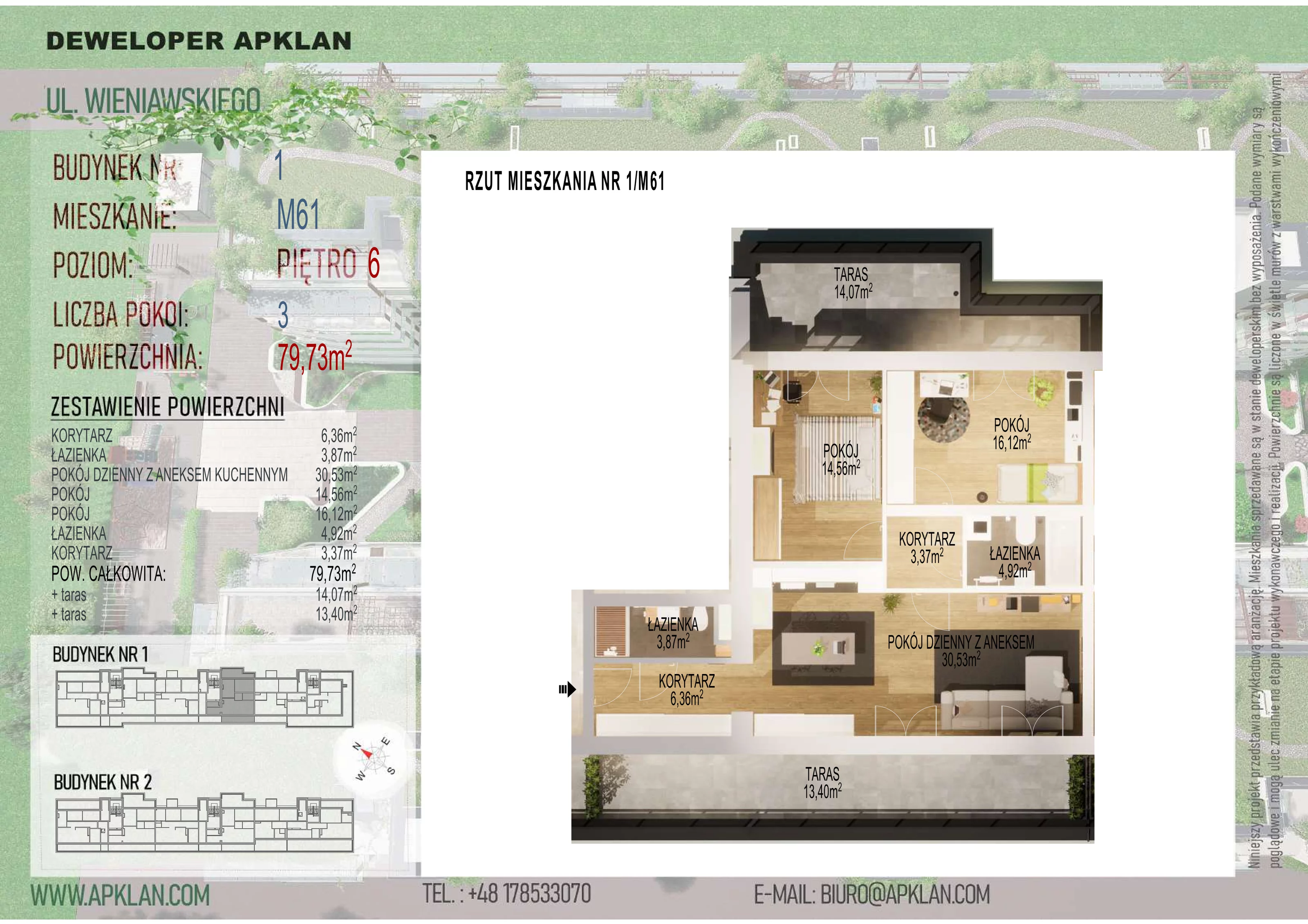 3 pokoje, mieszkanie 79,73 m², piętro 6, oferta nr 1/M61, Osiedle Wieniawskiego - etap V, Rzeszów, Słocina, ul. Wieniawskiego