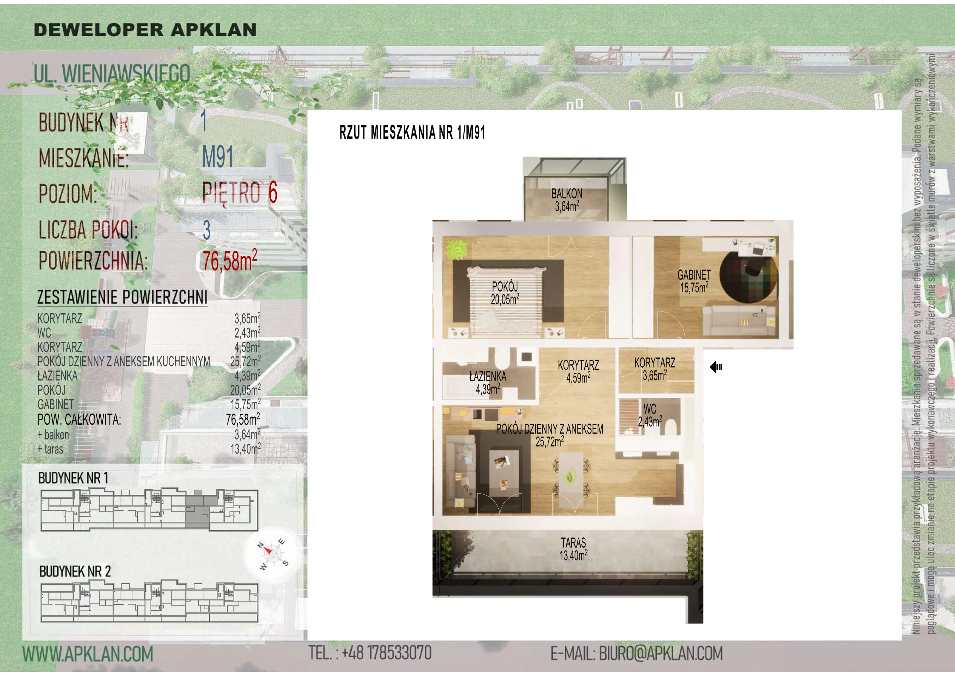 3 pokoje, mieszkanie 76,58 m², piętro 6, oferta nr 1/M91, Osiedle Wieniawskiego - etap V, Rzeszów, Słocina, ul. Wieniawskiego