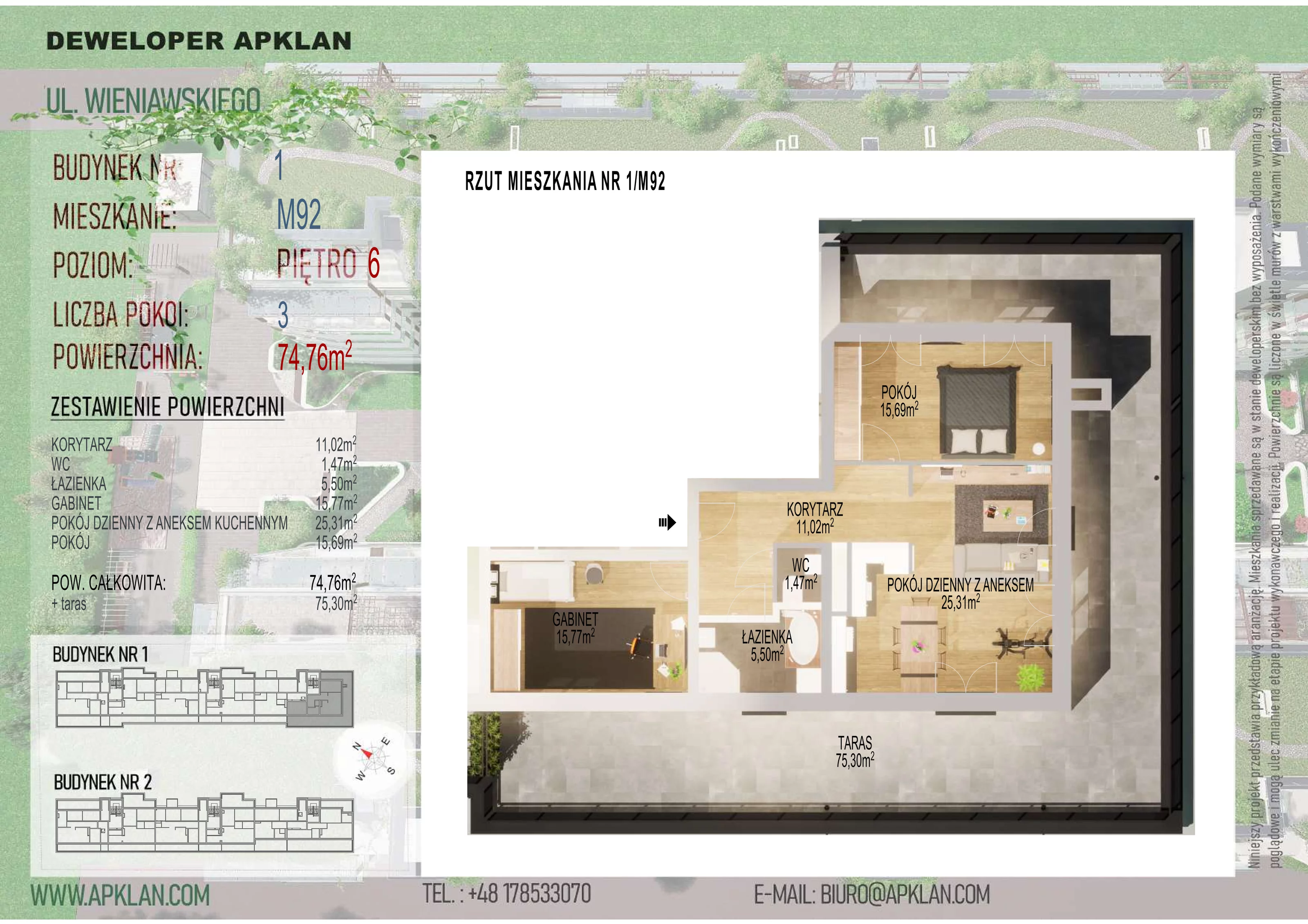 3 pokoje, mieszkanie 74,76 m², piętro 6, oferta nr 1/M92, Osiedle Wieniawskiego - etap V, Rzeszów, Słocina, ul. Wieniawskiego