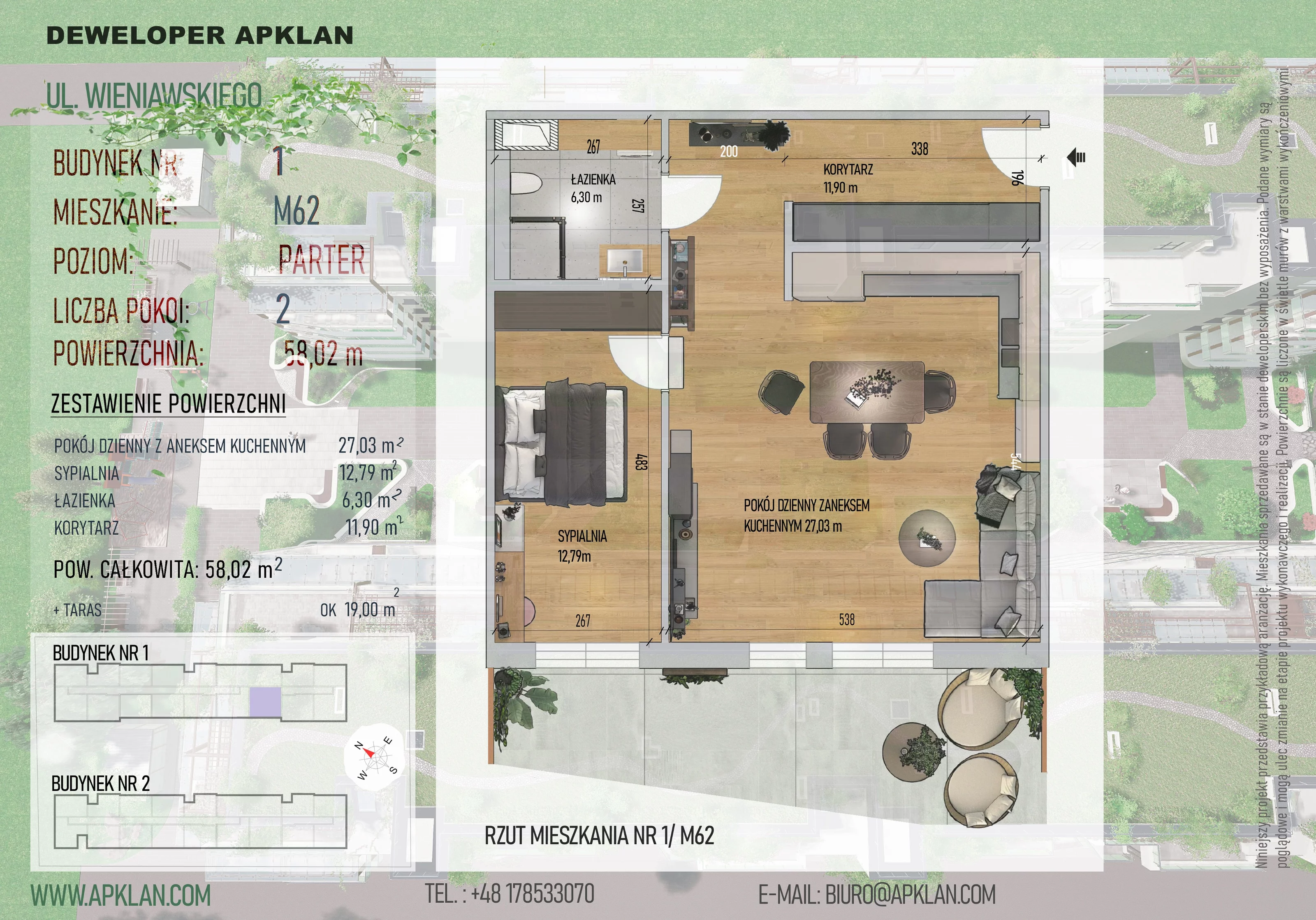 2 pokoje, mieszkanie 58,02 m², parter, oferta nr 1/M62, Osiedle Wieniawskiego - etap V, Rzeszów, Słocina, ul. Wieniawskiego