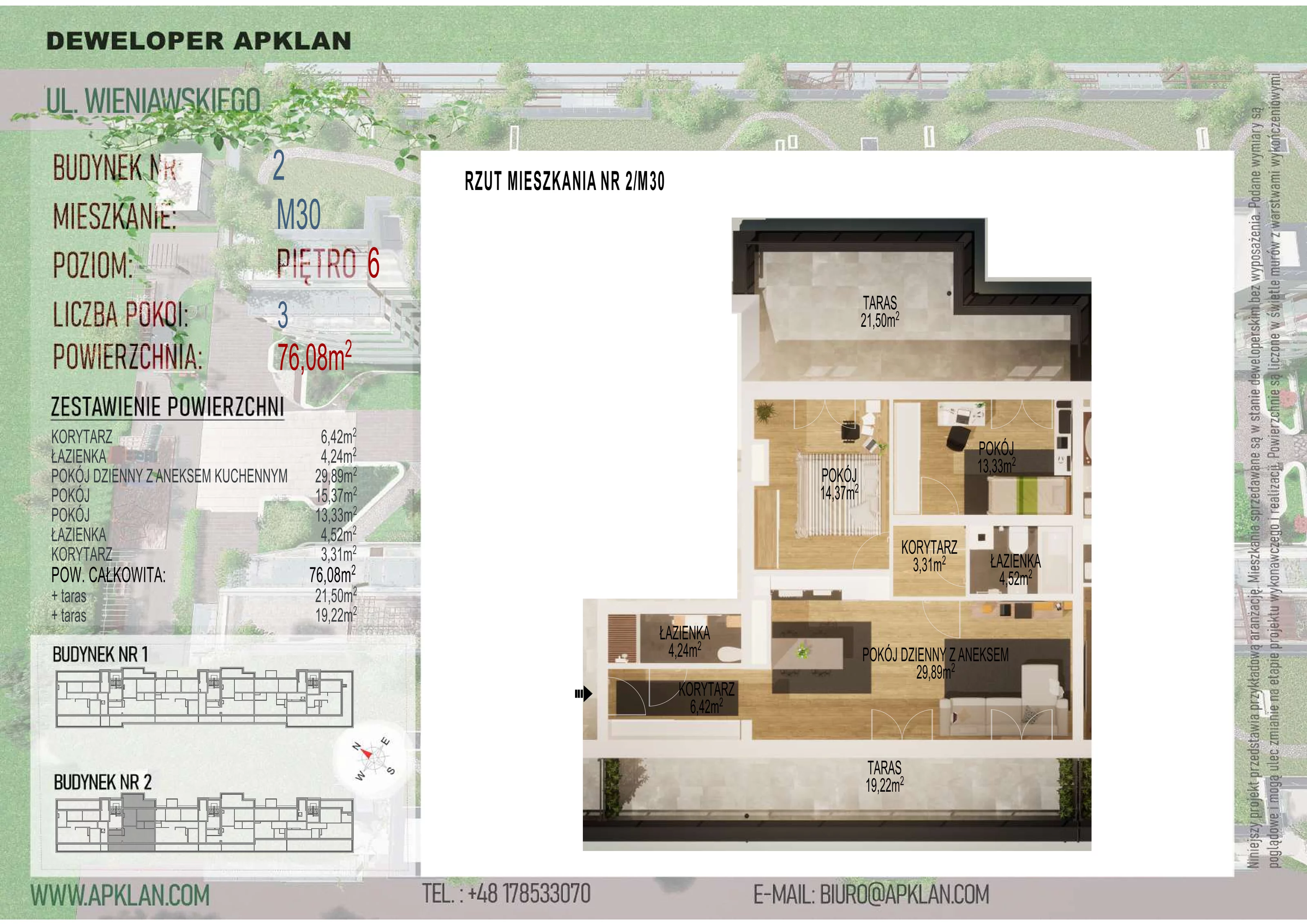 3 pokoje, mieszkanie 76,08 m², piętro 6, oferta nr 2/M30, Osiedle Wieniawskiego - etap V, Rzeszów, Słocina, ul. Wieniawskiego