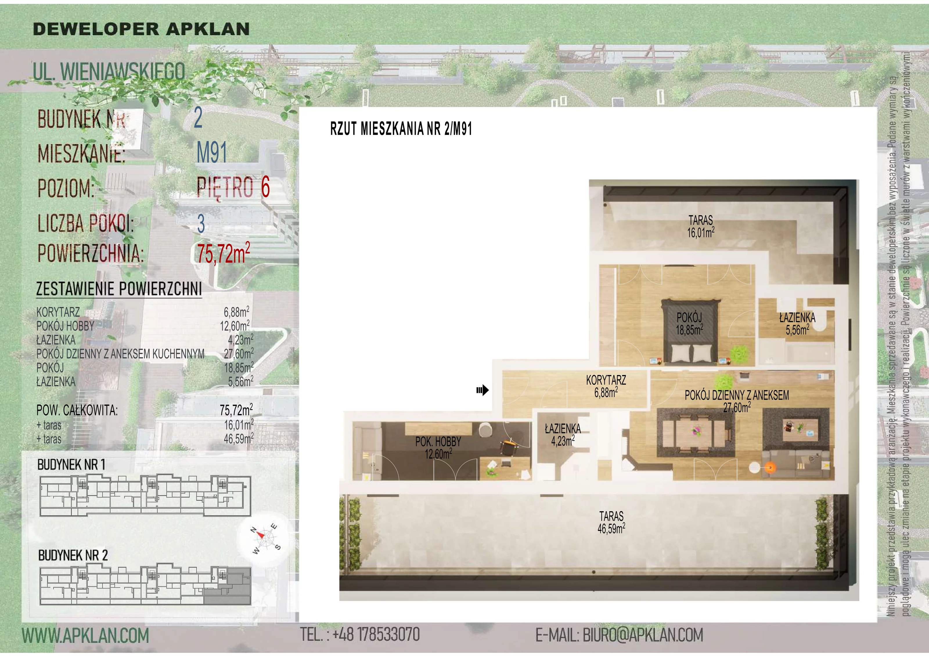 3 pokoje, mieszkanie 75,72 m², piętro 6, oferta nr 2/M91, Osiedle Wieniawskiego - etap V, Rzeszów, Słocina, ul. Wieniawskiego
