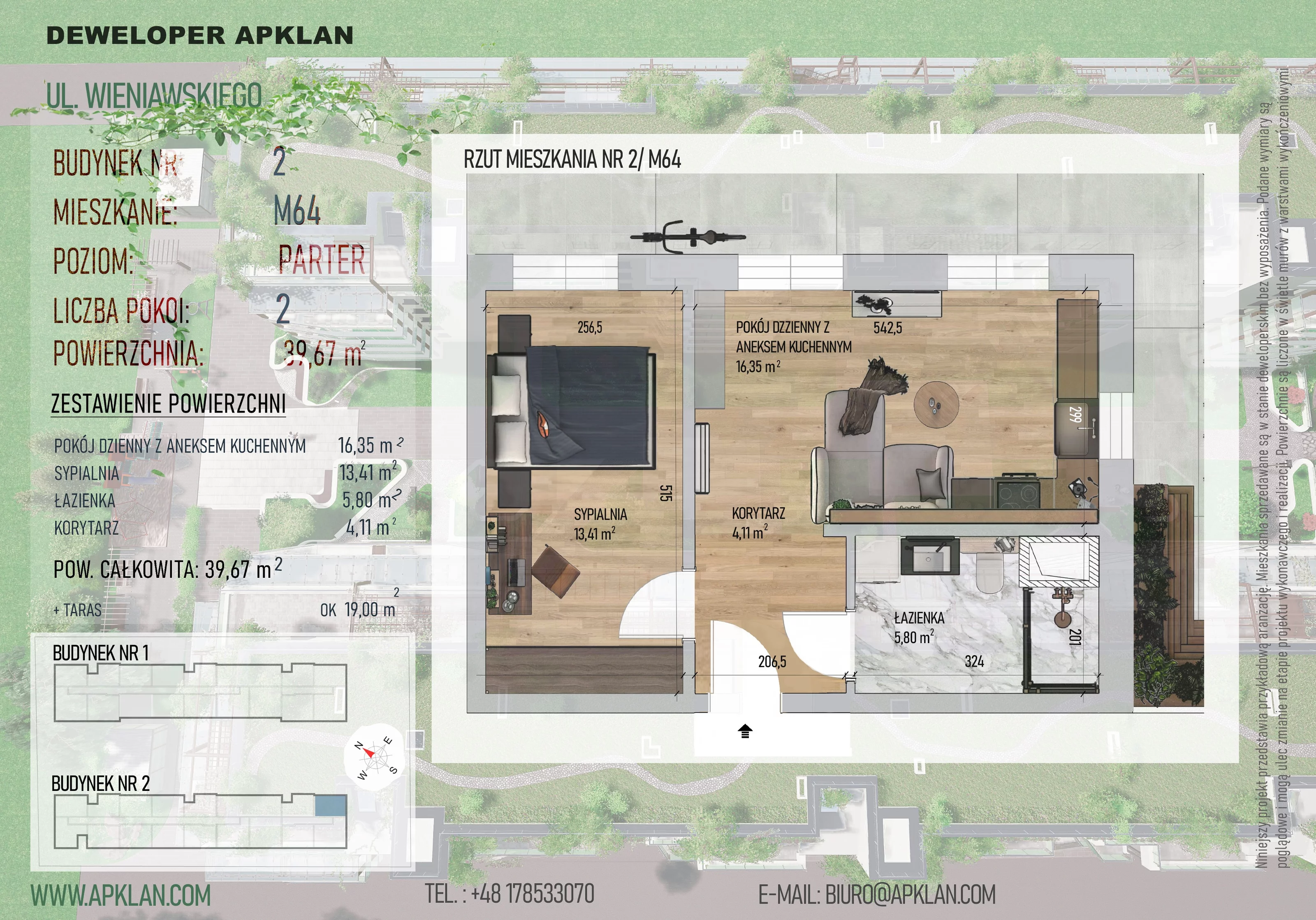 2 pokoje, mieszkanie 39,34 m², parter, oferta nr 2/M64, Osiedle Wieniawskiego - etap V, Rzeszów, Słocina, ul. Wieniawskiego