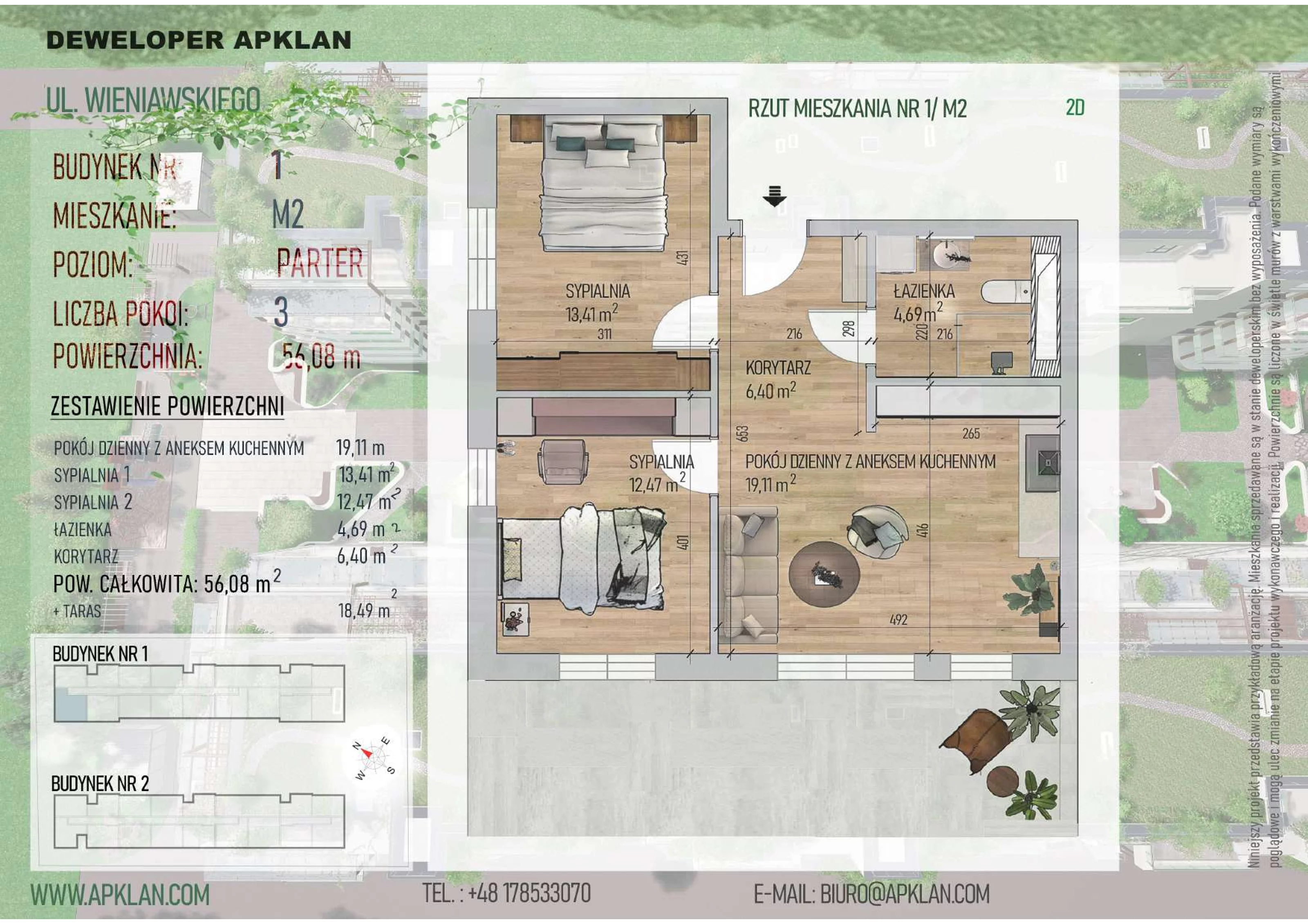 3 pokoje, mieszkanie 56,08 m², parter, oferta nr 1/M2, Osiedle Wieniawskiego - etap V, Rzeszów, Słocina, ul. Wieniawskiego