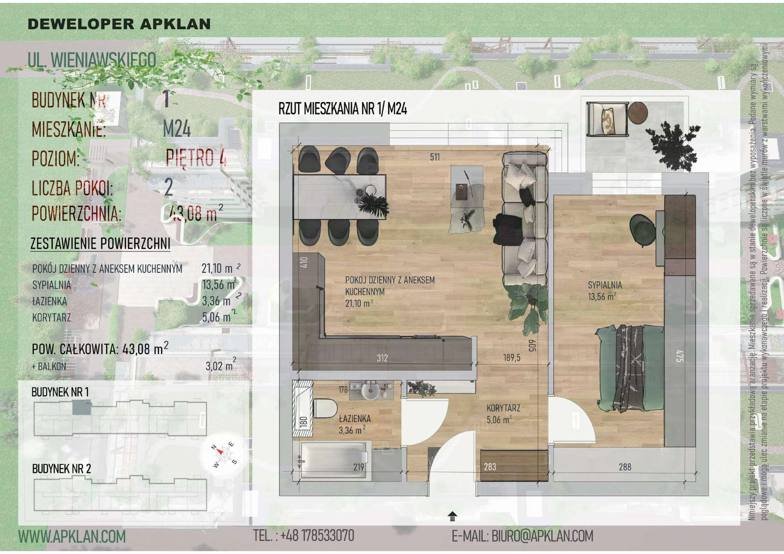2 pokoje, mieszkanie 43,08 m², piętro 4, oferta nr 1/M24, Osiedle Wieniawskiego - etap V, Rzeszów, Słocina, ul. Wieniawskiego
