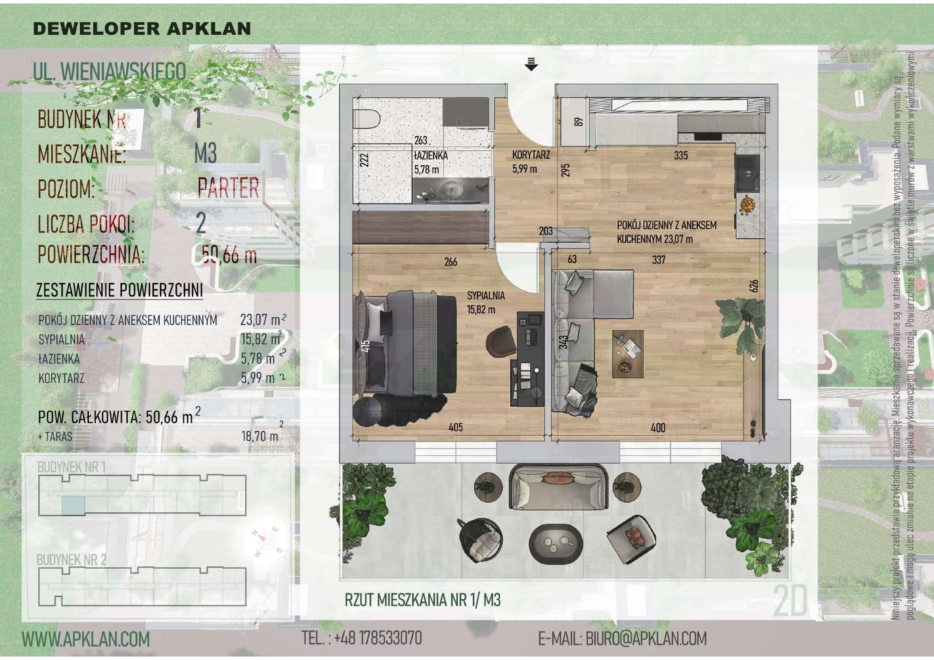 2 pokoje, mieszkanie 50,66 m², parter, oferta nr 1/M3, Osiedle Wieniawskiego - etap V, Rzeszów, Słocina, ul. Wieniawskiego