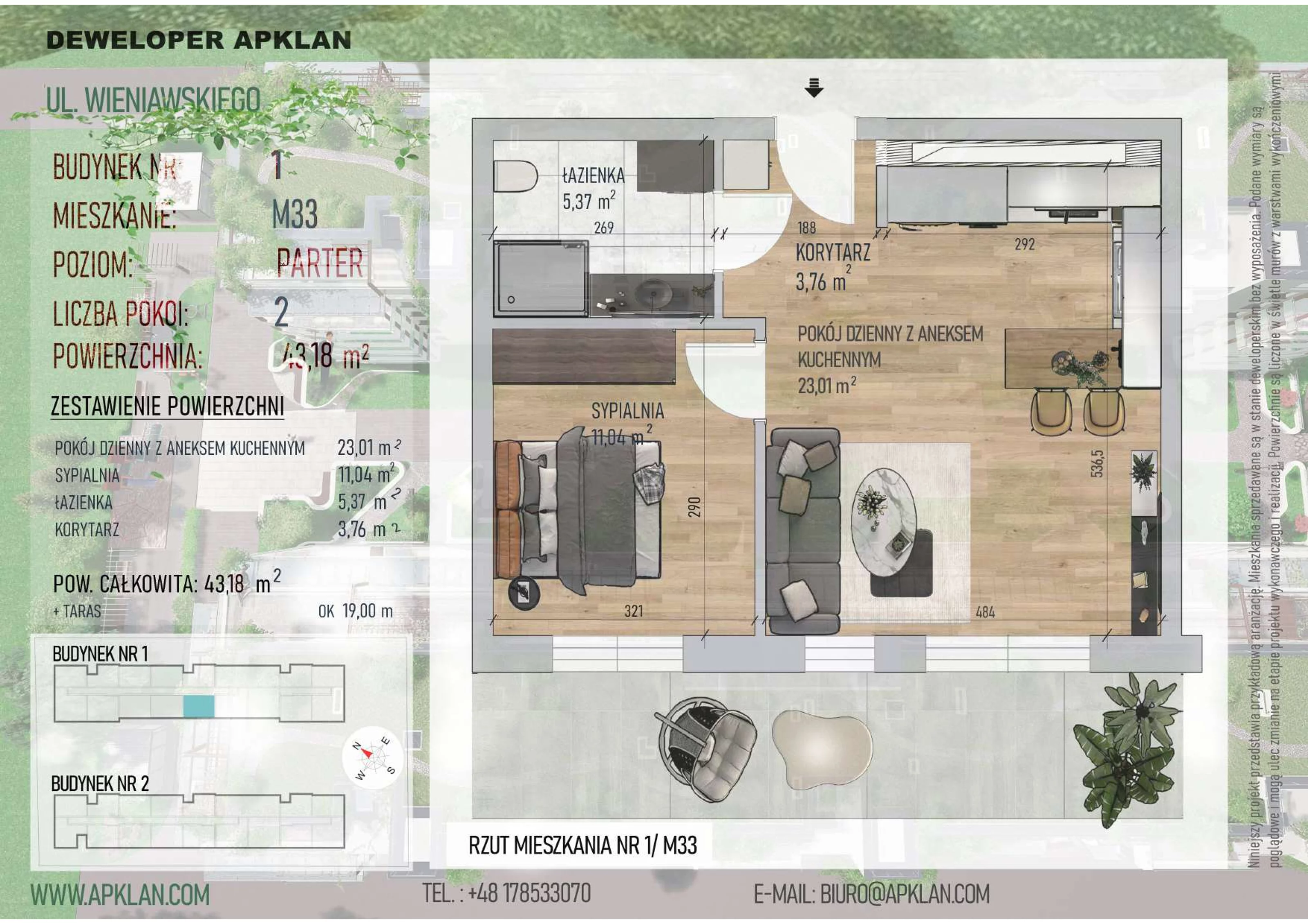 2 pokoje, mieszkanie 43,18 m², parter, oferta nr 1/M33, Osiedle Wieniawskiego - etap V, Rzeszów, Słocina, ul. Wieniawskiego