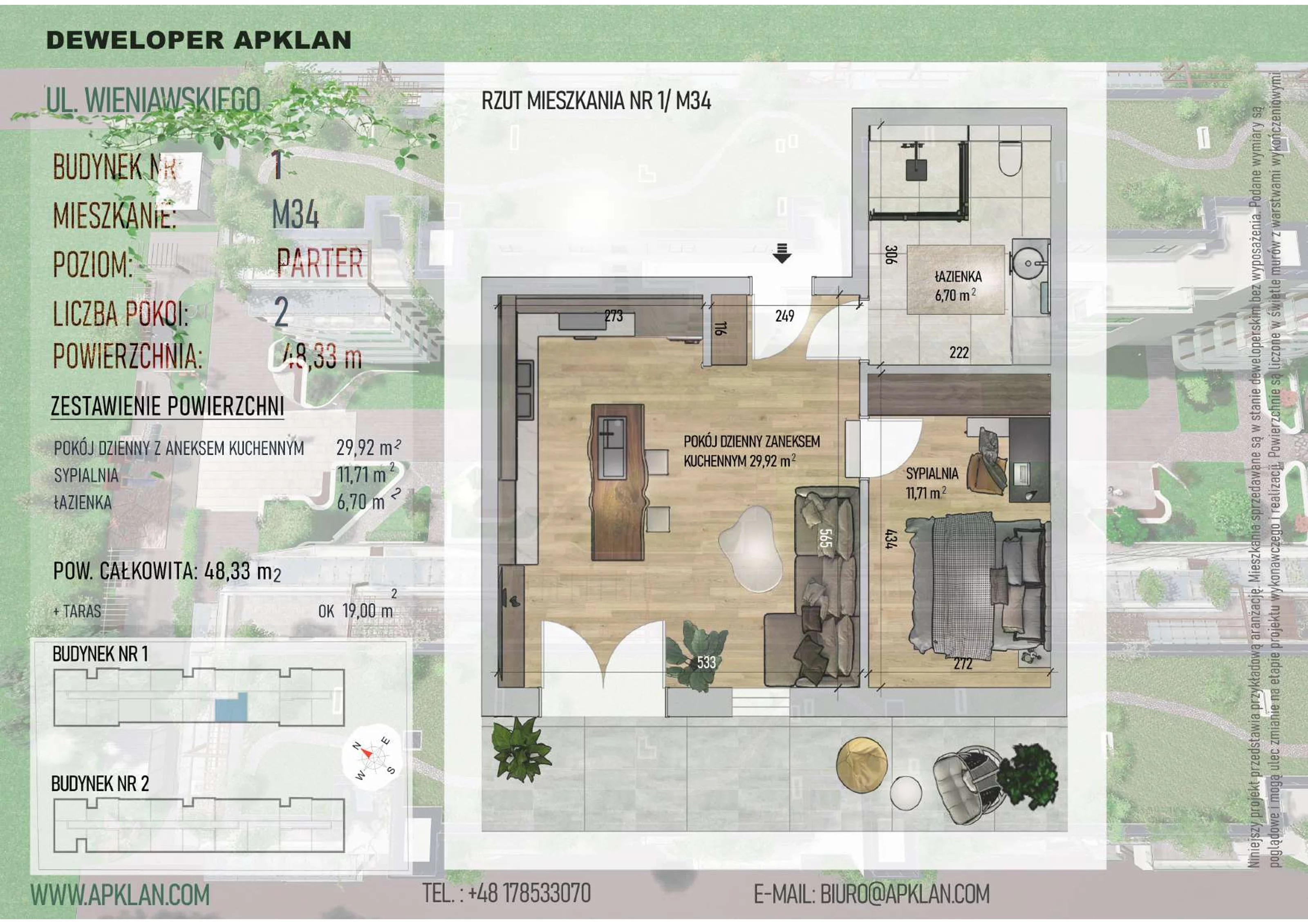 2 pokoje, mieszkanie 48,33 m², parter, oferta nr 1/M34, Osiedle Wieniawskiego - etap V, Rzeszów, Słocina, ul. Wieniawskiego