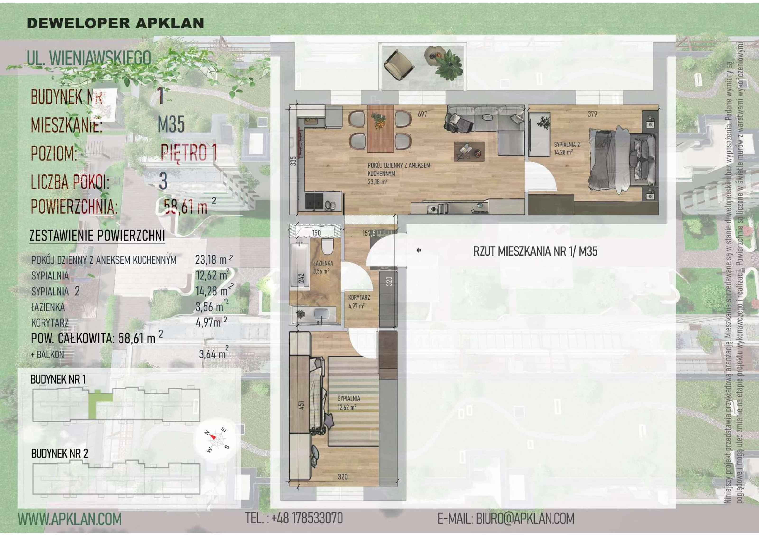 3 pokoje, mieszkanie 58,61 m², piętro 1, oferta nr 1/M35, Osiedle Wieniawskiego - etap V, Rzeszów, Słocina, ul. Wieniawskiego