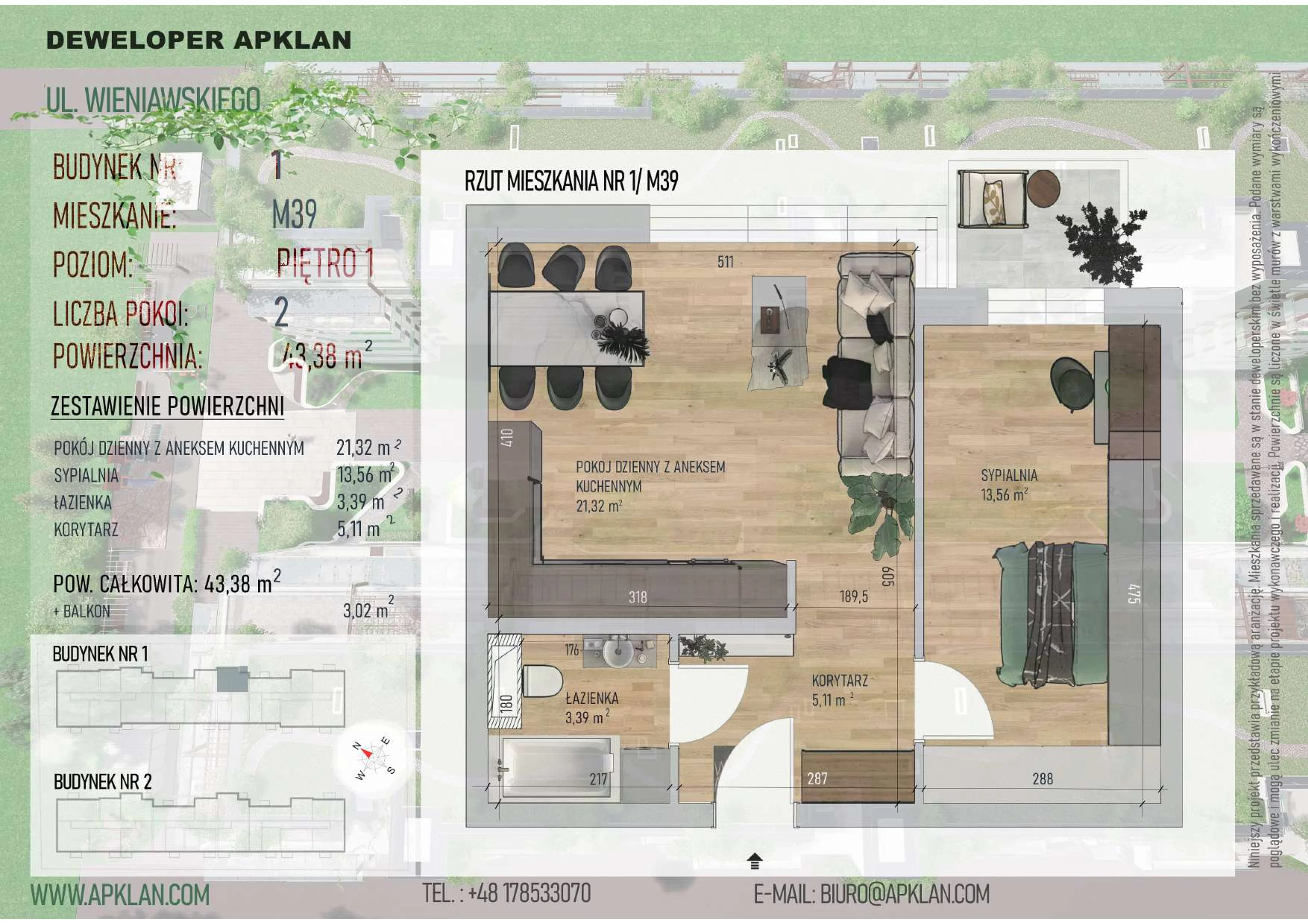 2 pokoje, mieszkanie 43,38 m², piętro 1, oferta nr 1/M39, Osiedle Wieniawskiego - etap V, Rzeszów, Słocina, ul. Wieniawskiego