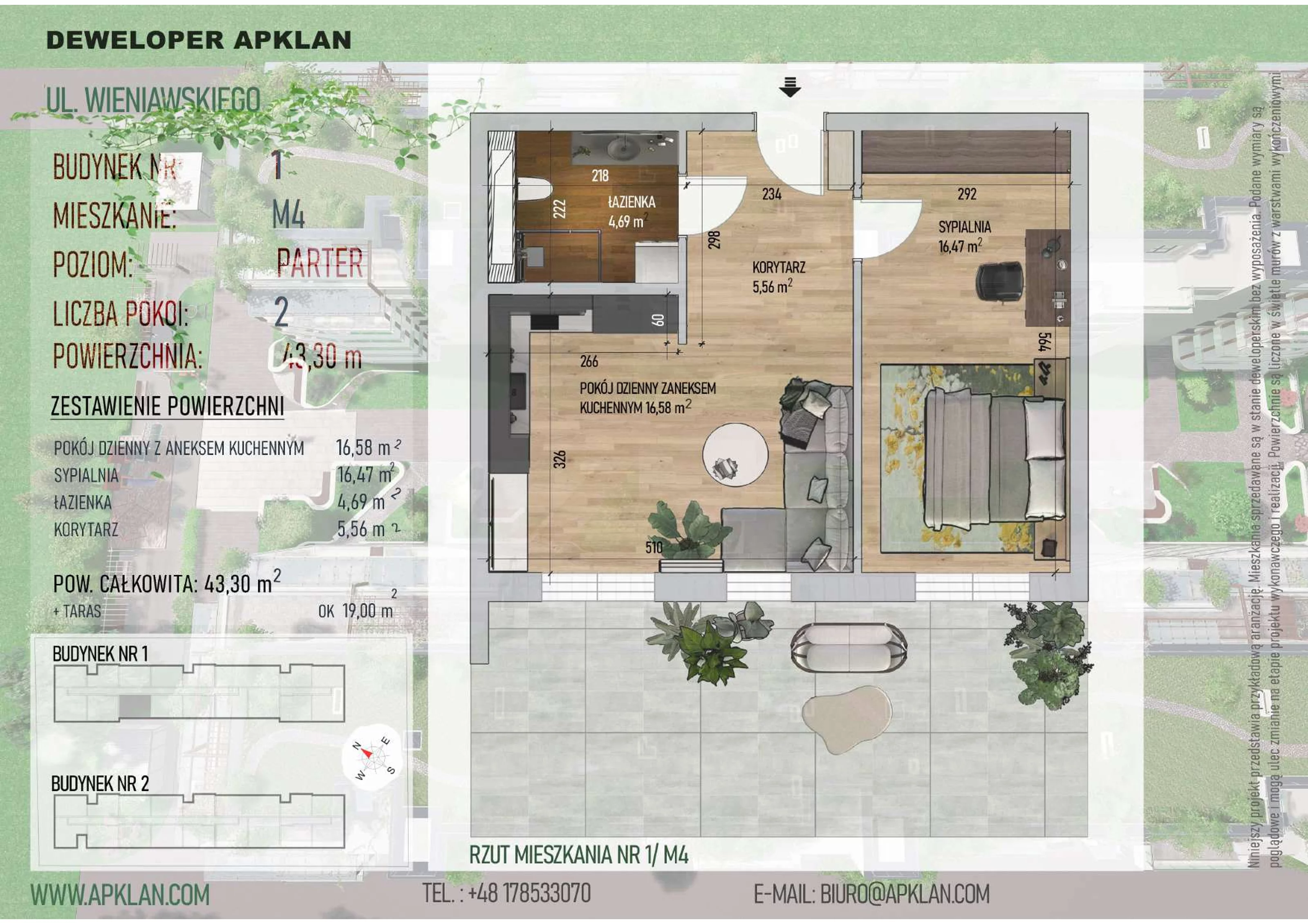 2 pokoje, mieszkanie 43,30 m², parter, oferta nr 1/M4, Osiedle Wieniawskiego - etap V, Rzeszów, Słocina, ul. Wieniawskiego