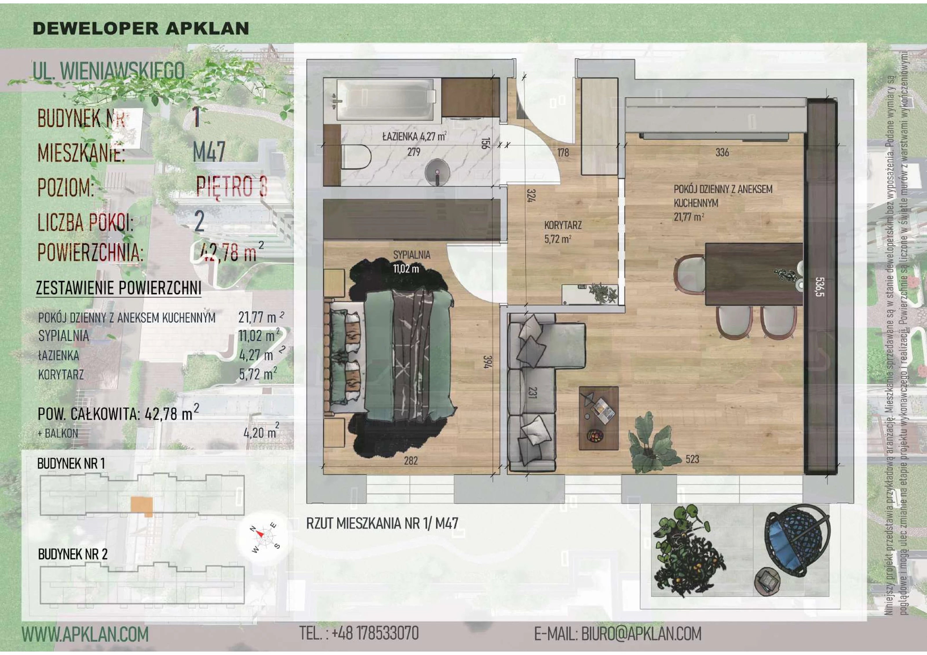 2 pokoje, mieszkanie 42,78 m², piętro 3, oferta nr 1/M47, Osiedle Wieniawskiego - etap V, Rzeszów, Słocina, ul. Wieniawskiego