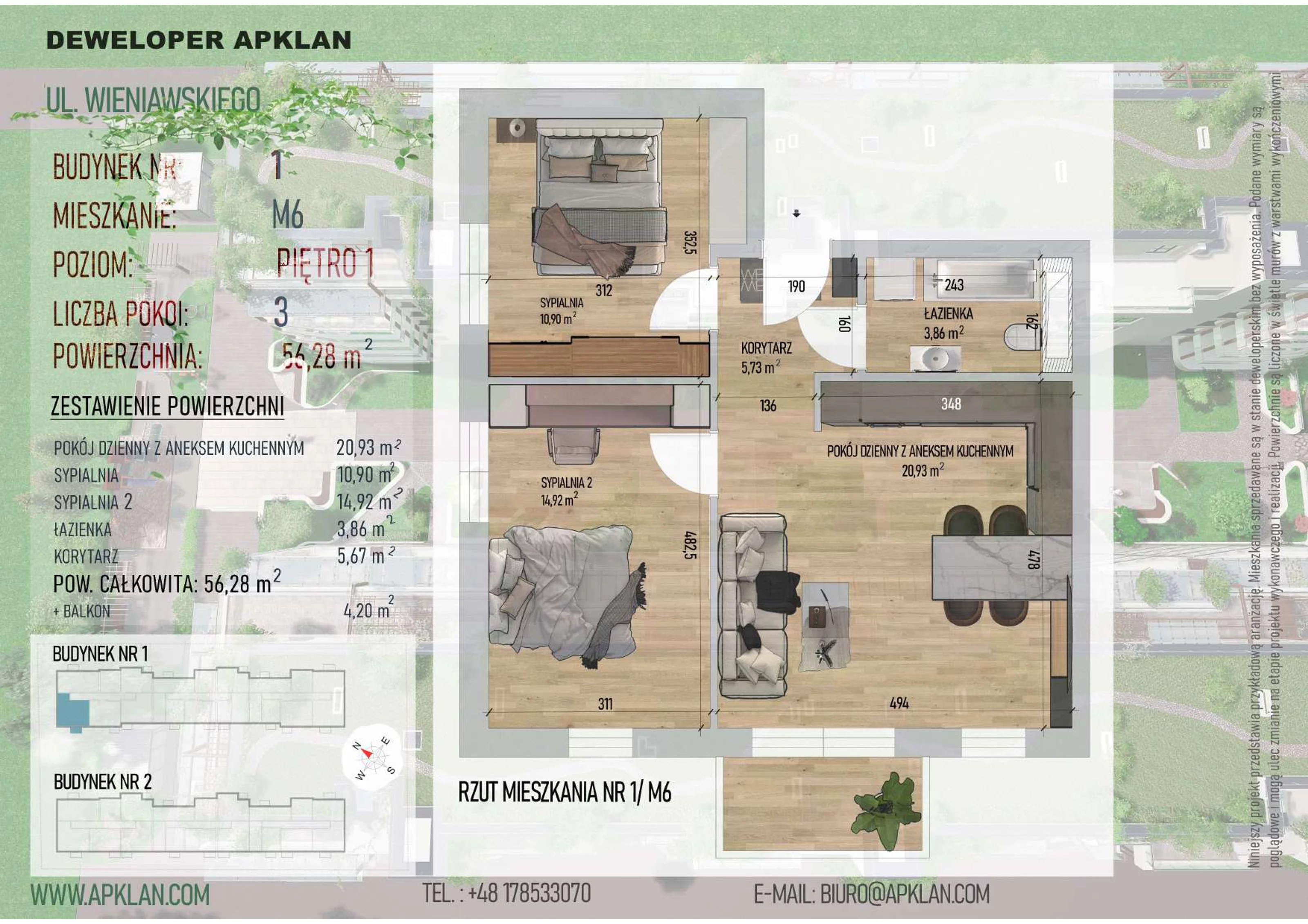 3 pokoje, mieszkanie 56,28 m², piętro 1, oferta nr 1/M6, Osiedle Wieniawskiego - etap V, Rzeszów, Słocina, ul. Wieniawskiego