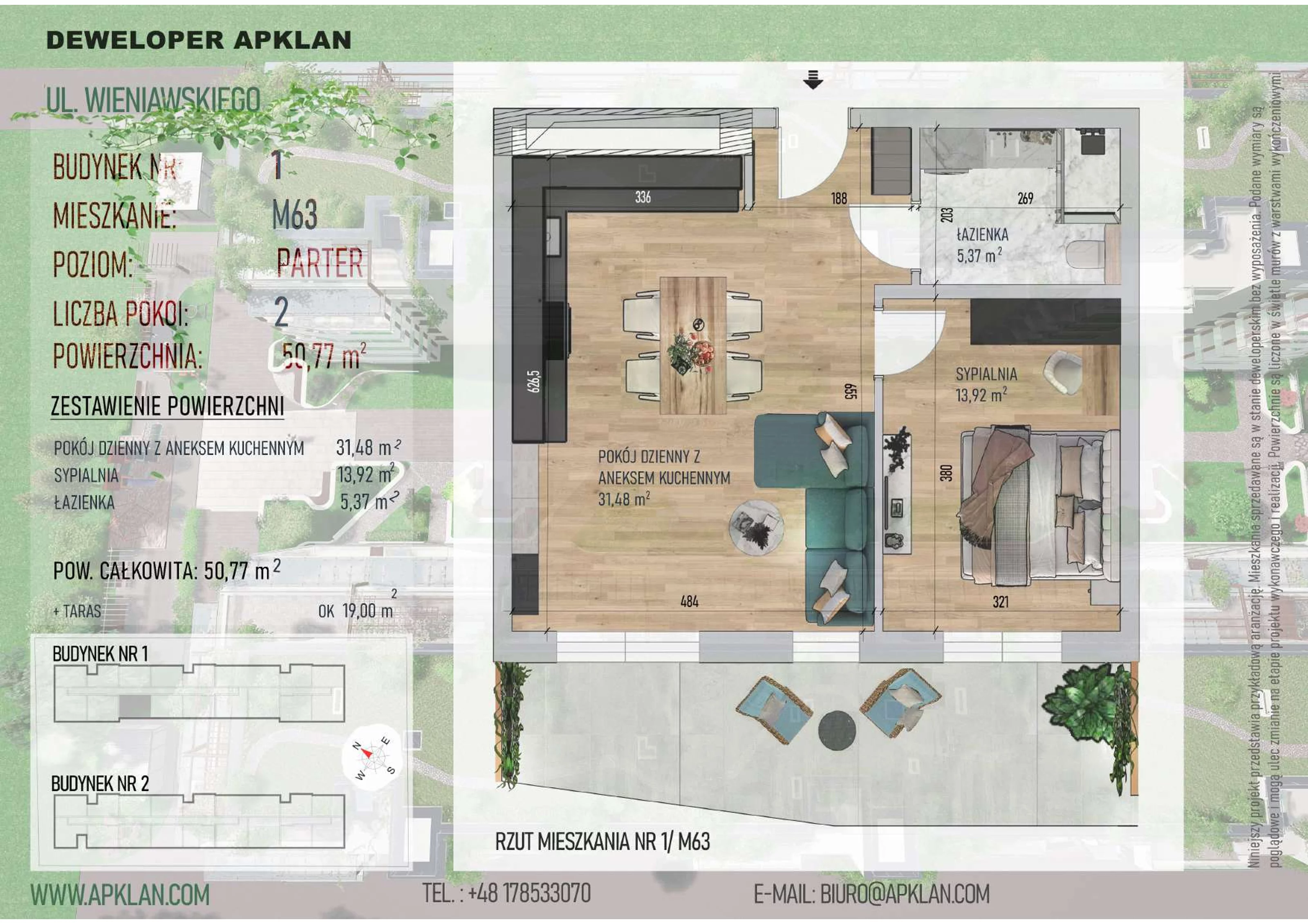 2 pokoje, mieszkanie 50,77 m², parter, oferta nr 1/M63, Osiedle Wieniawskiego - etap V, Rzeszów, Słocina, ul. Wieniawskiego