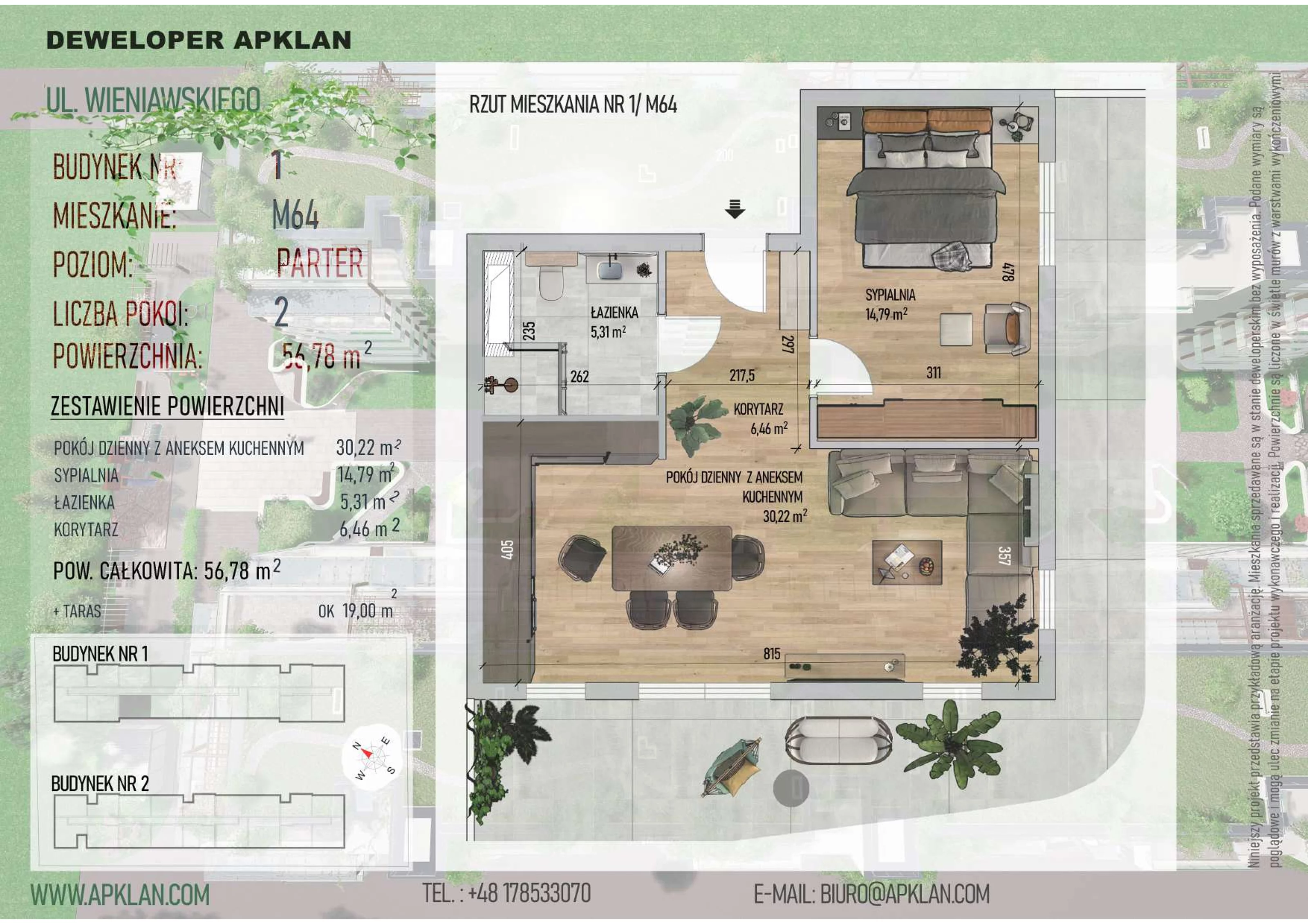 2 pokoje, mieszkanie 56,78 m², parter, oferta nr 1/M64, Osiedle Wieniawskiego - etap V, Rzeszów, Słocina, ul. Wieniawskiego