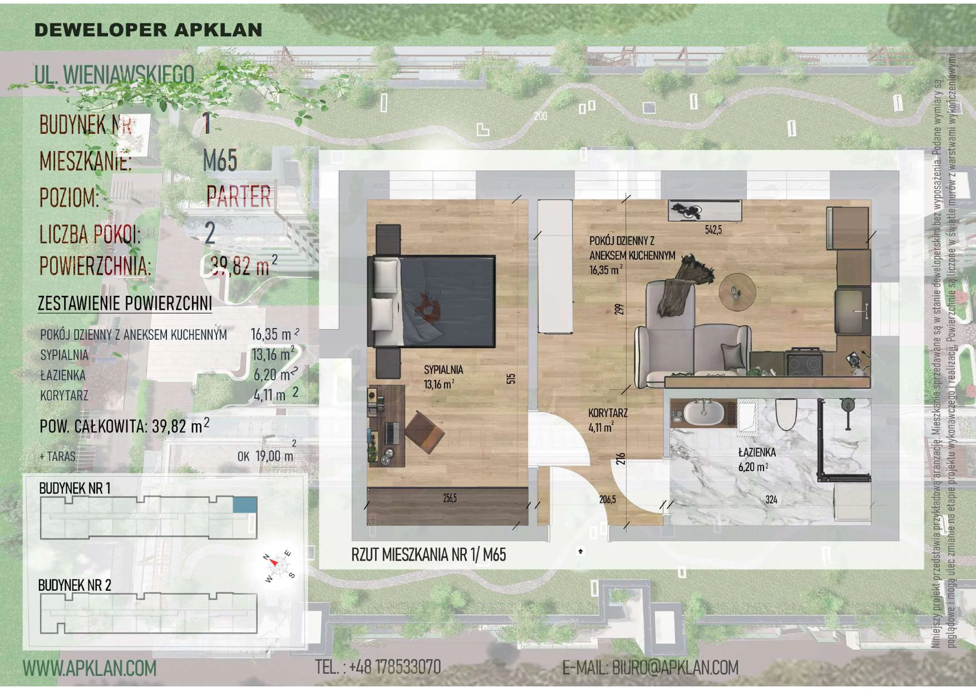 2 pokoje, mieszkanie 39,82 m², parter, oferta nr 1/M65, Osiedle Wieniawskiego - etap V, Rzeszów, Słocina, ul. Wieniawskiego
