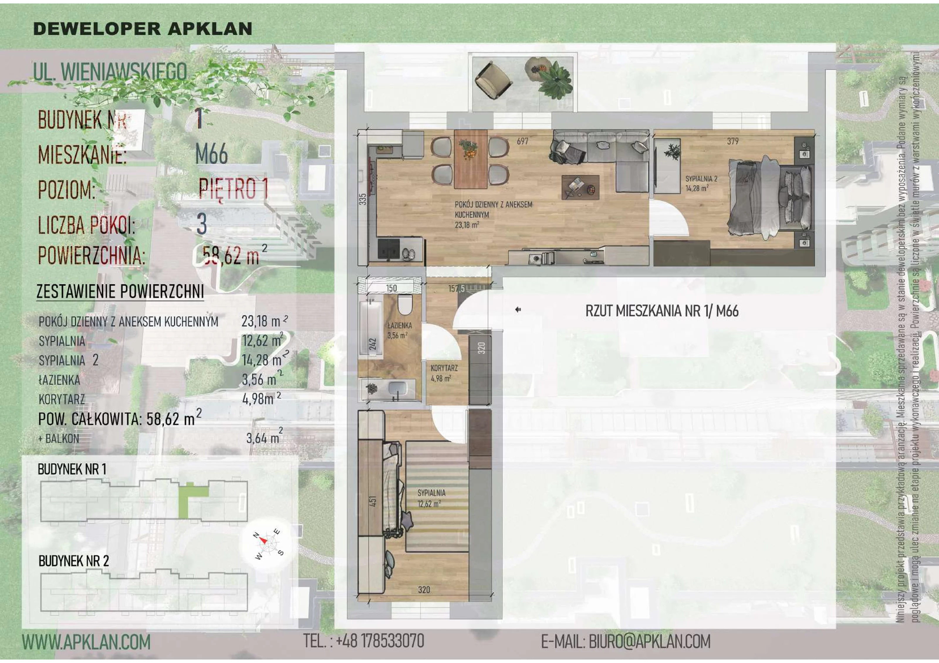 3 pokoje, mieszkanie 58,62 m², piętro 1, oferta nr 1/M66, Osiedle Wieniawskiego - etap V, Rzeszów, Słocina, ul. Wieniawskiego