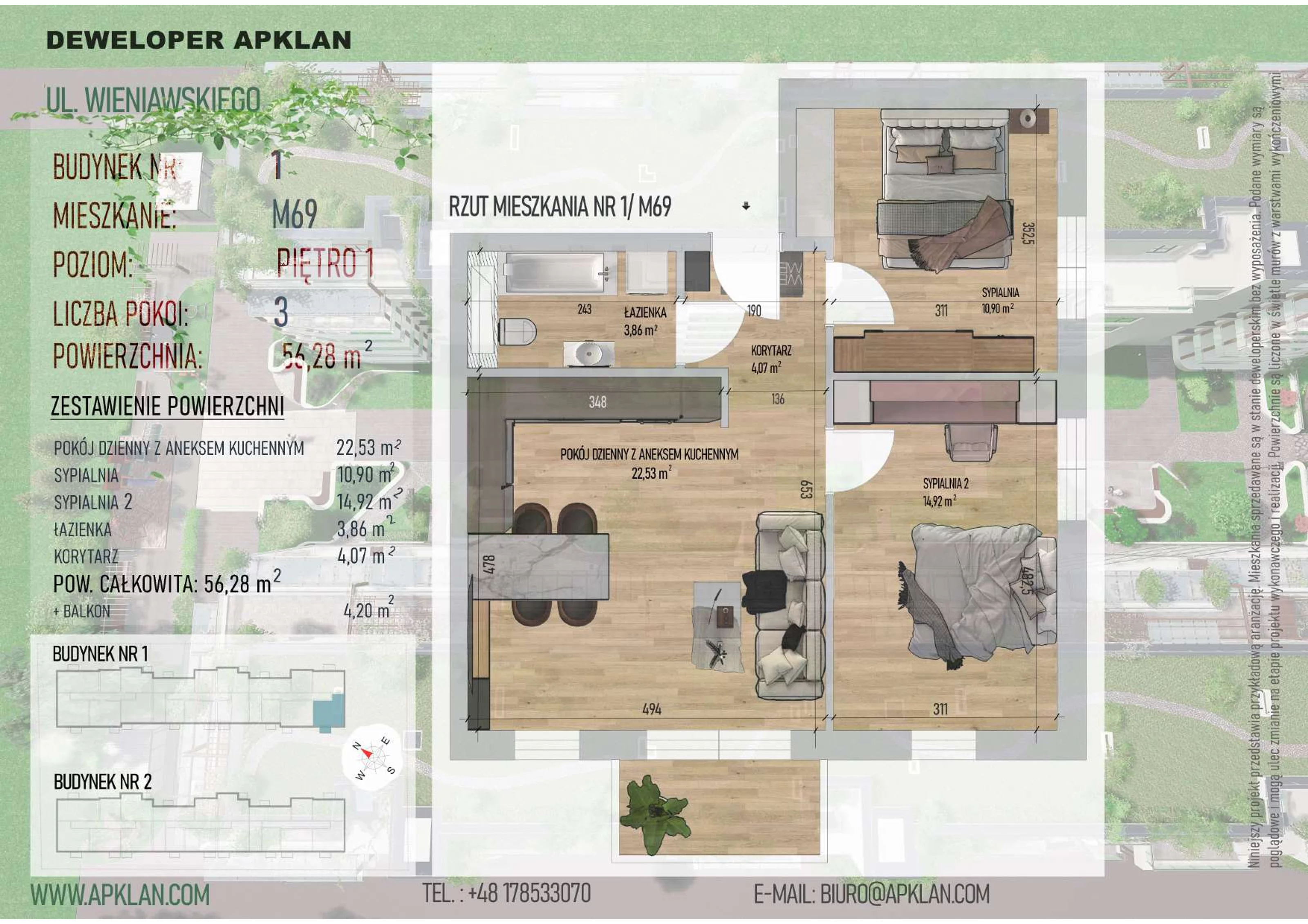 3 pokoje, mieszkanie 56,28 m², piętro 1, oferta nr 1/M69, Osiedle Wieniawskiego - etap V, Rzeszów, Słocina, ul. Wieniawskiego