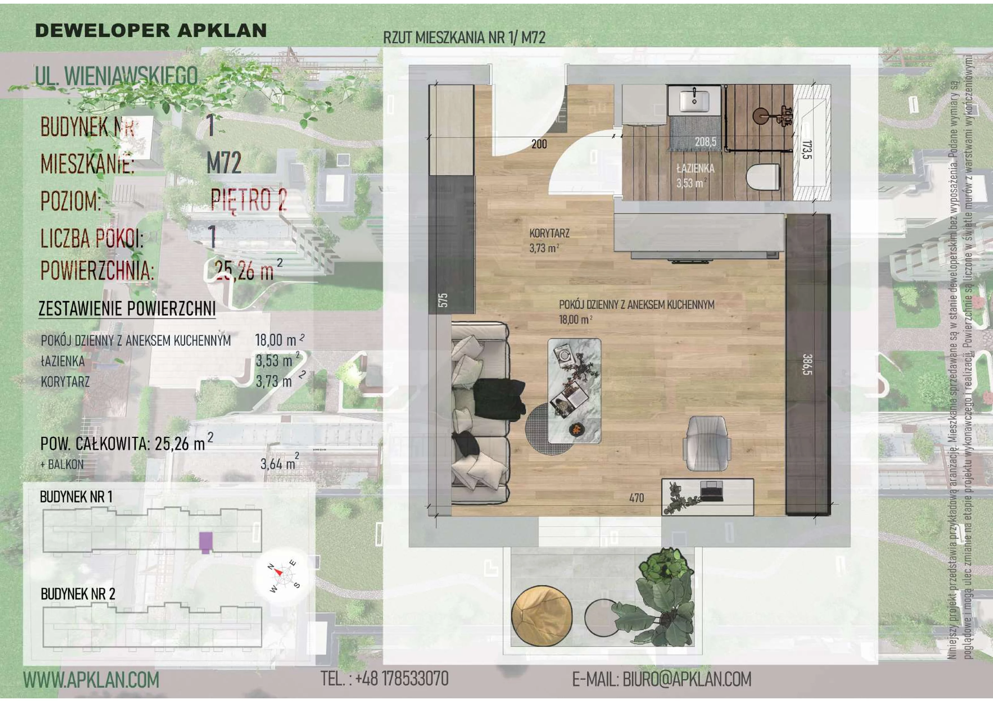 1 pokój, mieszkanie 25,26 m², piętro 2, oferta nr 1/M72, Osiedle Wieniawskiego - etap V, Rzeszów, Słocina, ul. Wieniawskiego