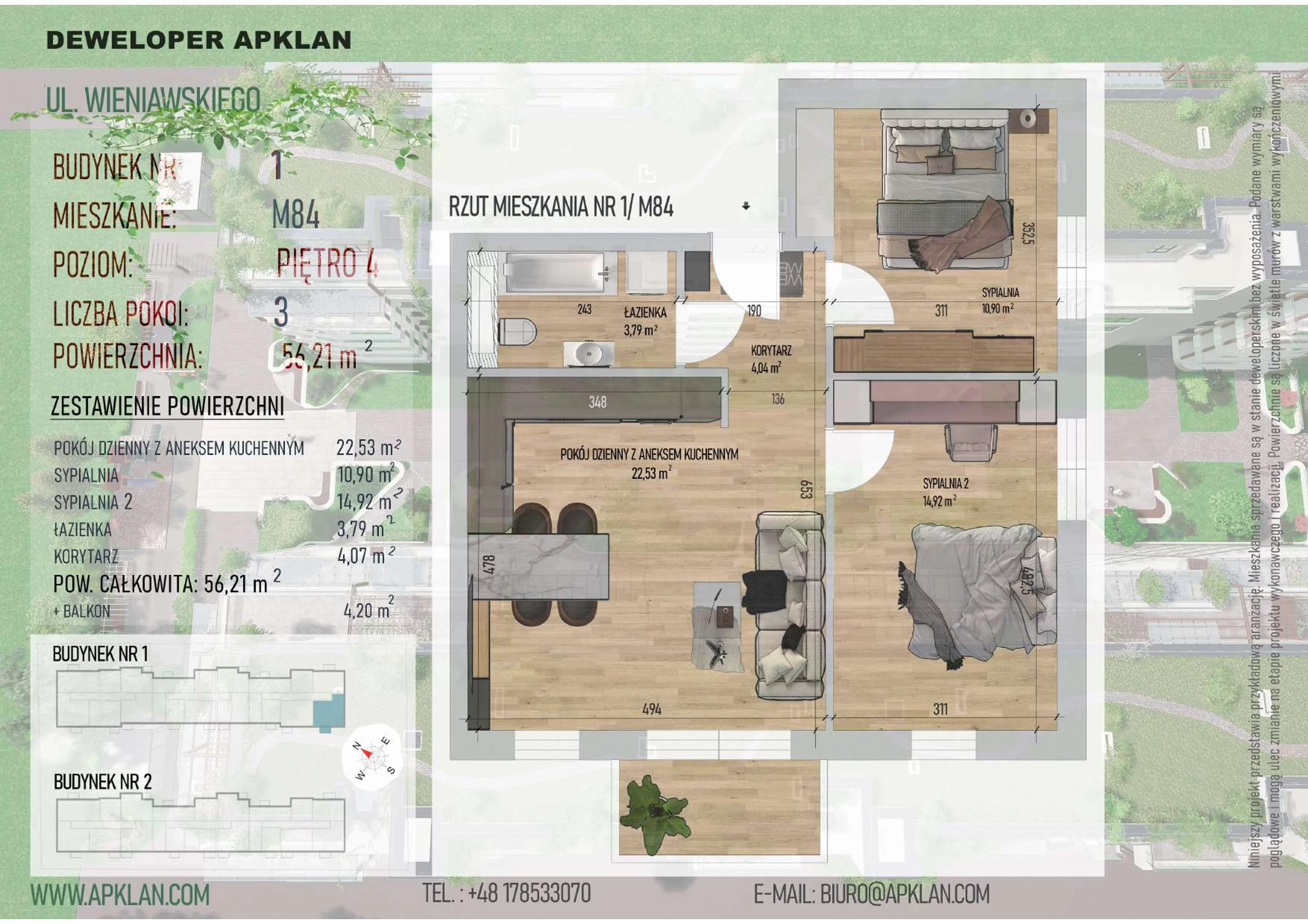 3 pokoje, mieszkanie 56,21 m², piętro 4, oferta nr 1/M84, Osiedle Wieniawskiego - etap V, Rzeszów, Słocina, ul. Wieniawskiego