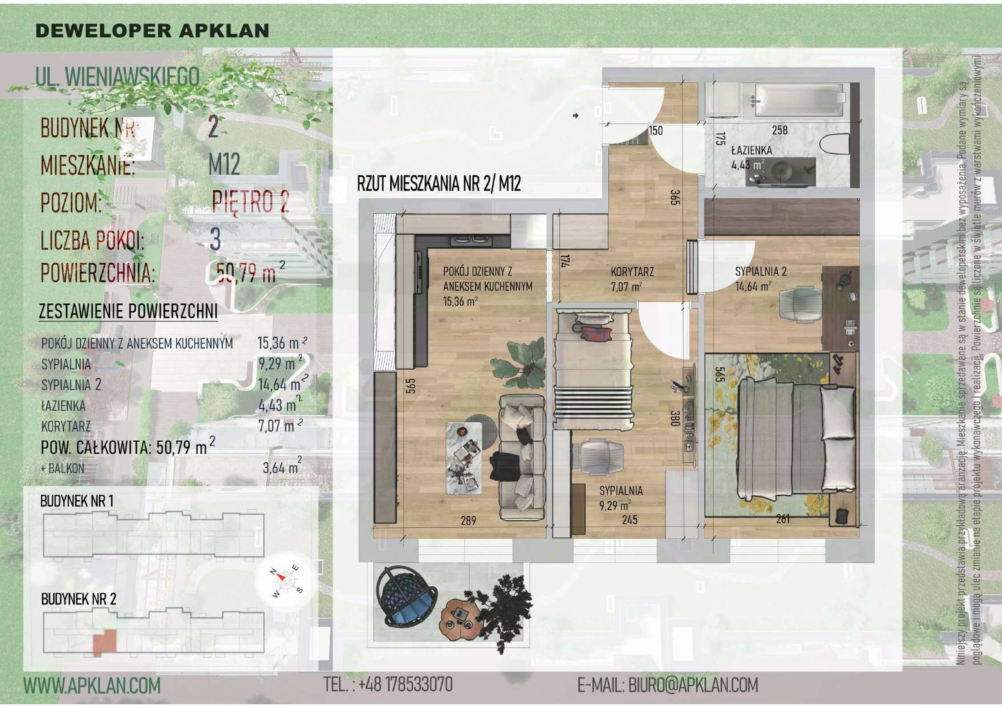 3 pokoje, mieszkanie 50,79 m², piętro 2, oferta nr 2/M12, Osiedle Wieniawskiego - etap V, Rzeszów, Słocina, ul. Wieniawskiego